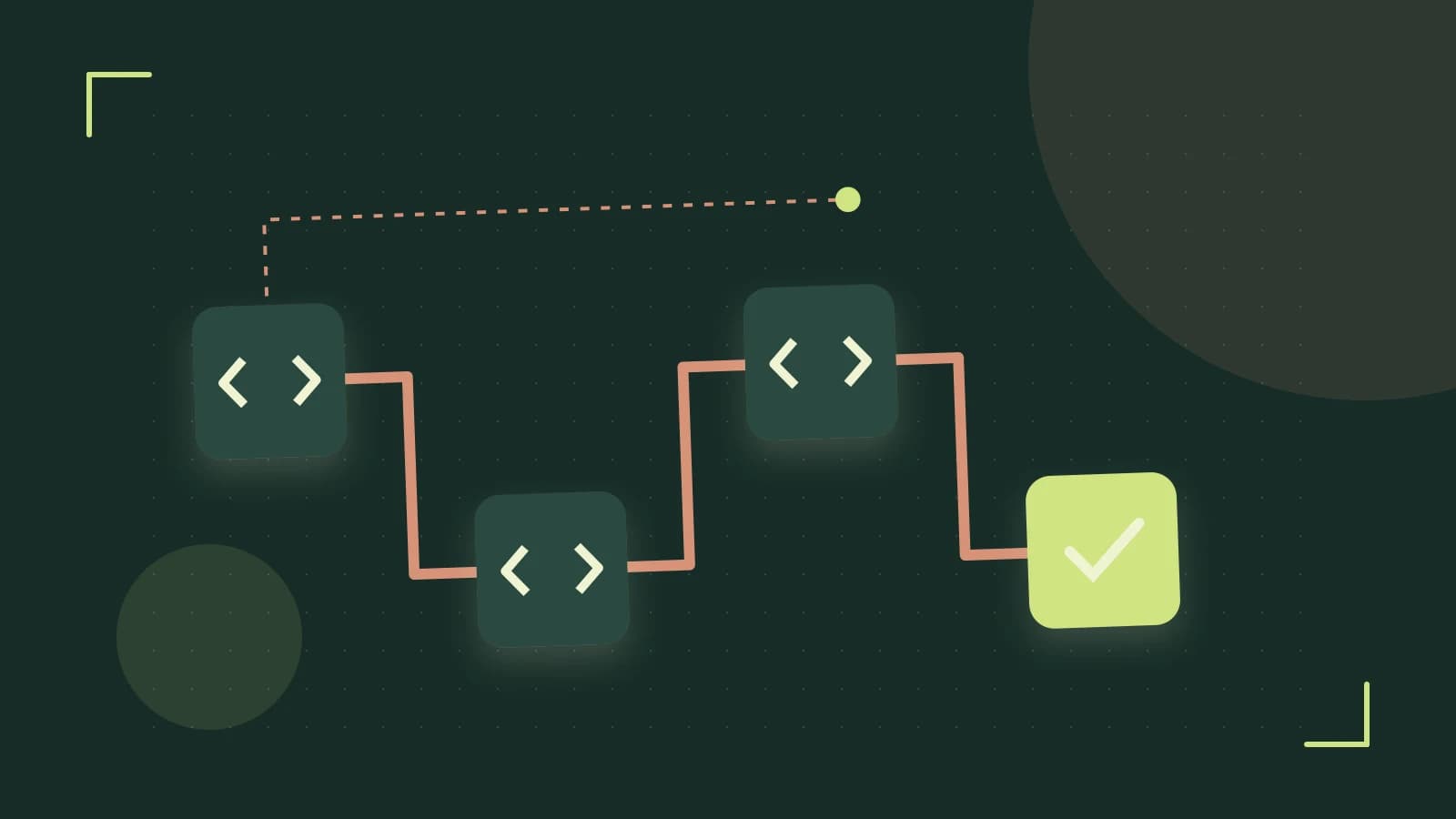 Editorial illustration of a branching build pipeline, staged transformations and a completed check