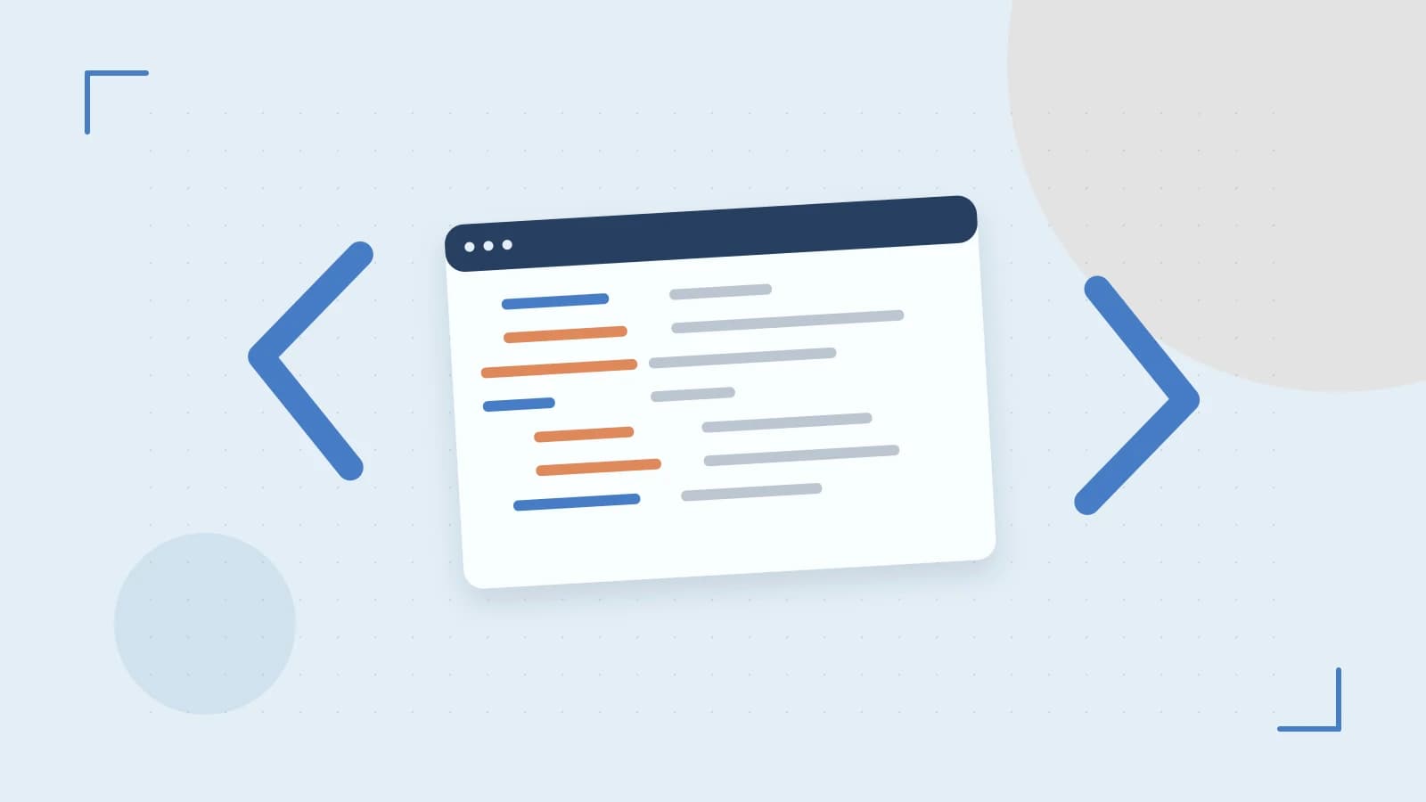 Editorial illustration of an abstract code editor, syntax blocks and oversized programming brackets