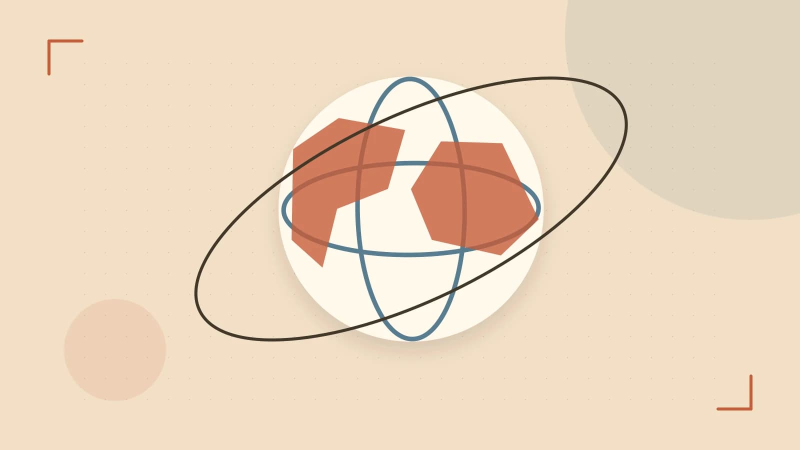 Editorial illustration of an editorial globe with meridians and layered geographic shapes