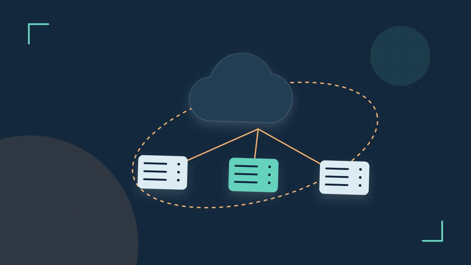 Editorial illustration of cloud infrastructure, connected server racks and an orbital service map