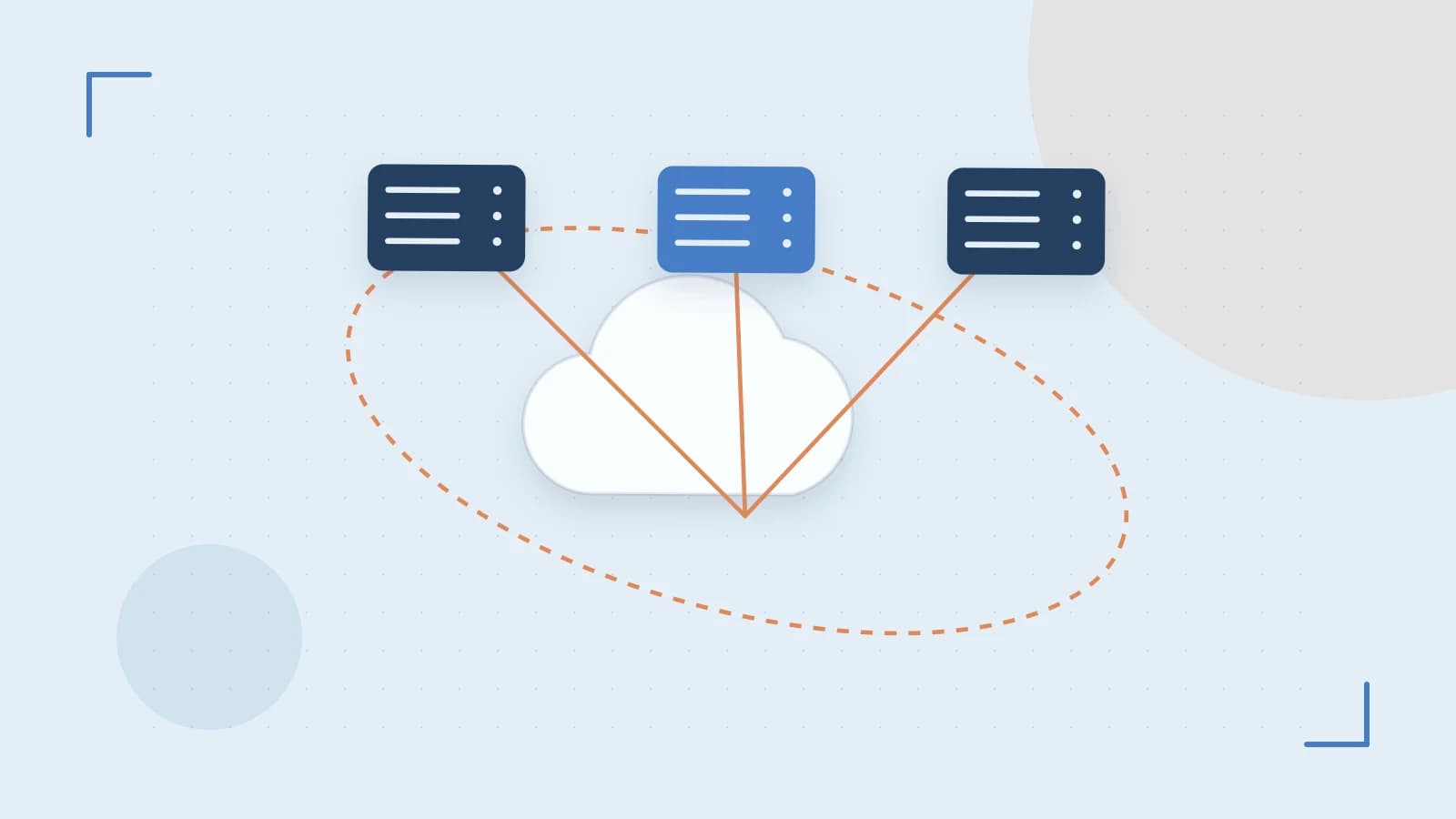 Editorial illustration of cloud infrastructure, connected server racks and an orbital service map