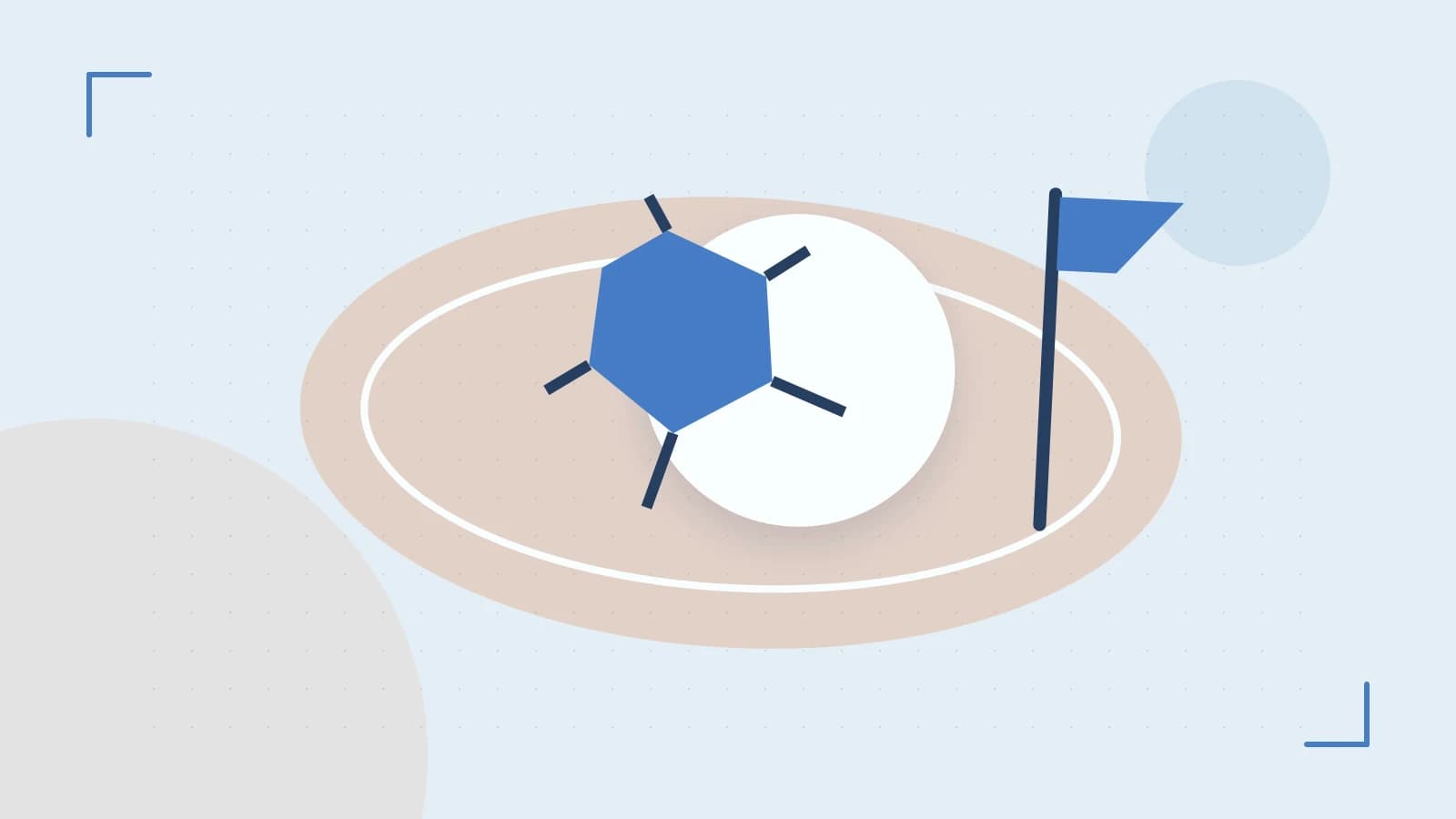 Editorial illustration of a stylized sports ball, stadium geometry and dynamic arcs