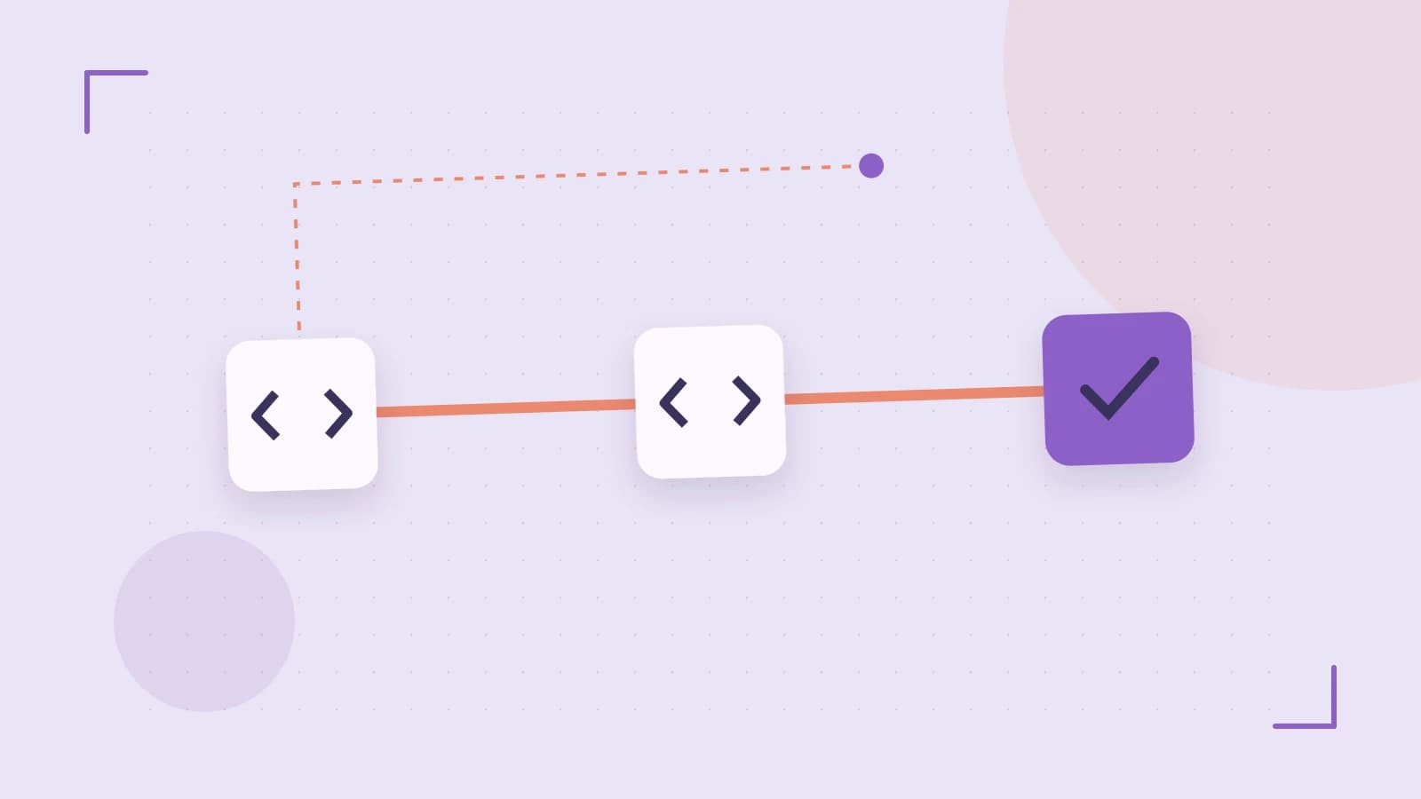 Editorial illustration of a branching build pipeline, staged transformations and a completed check