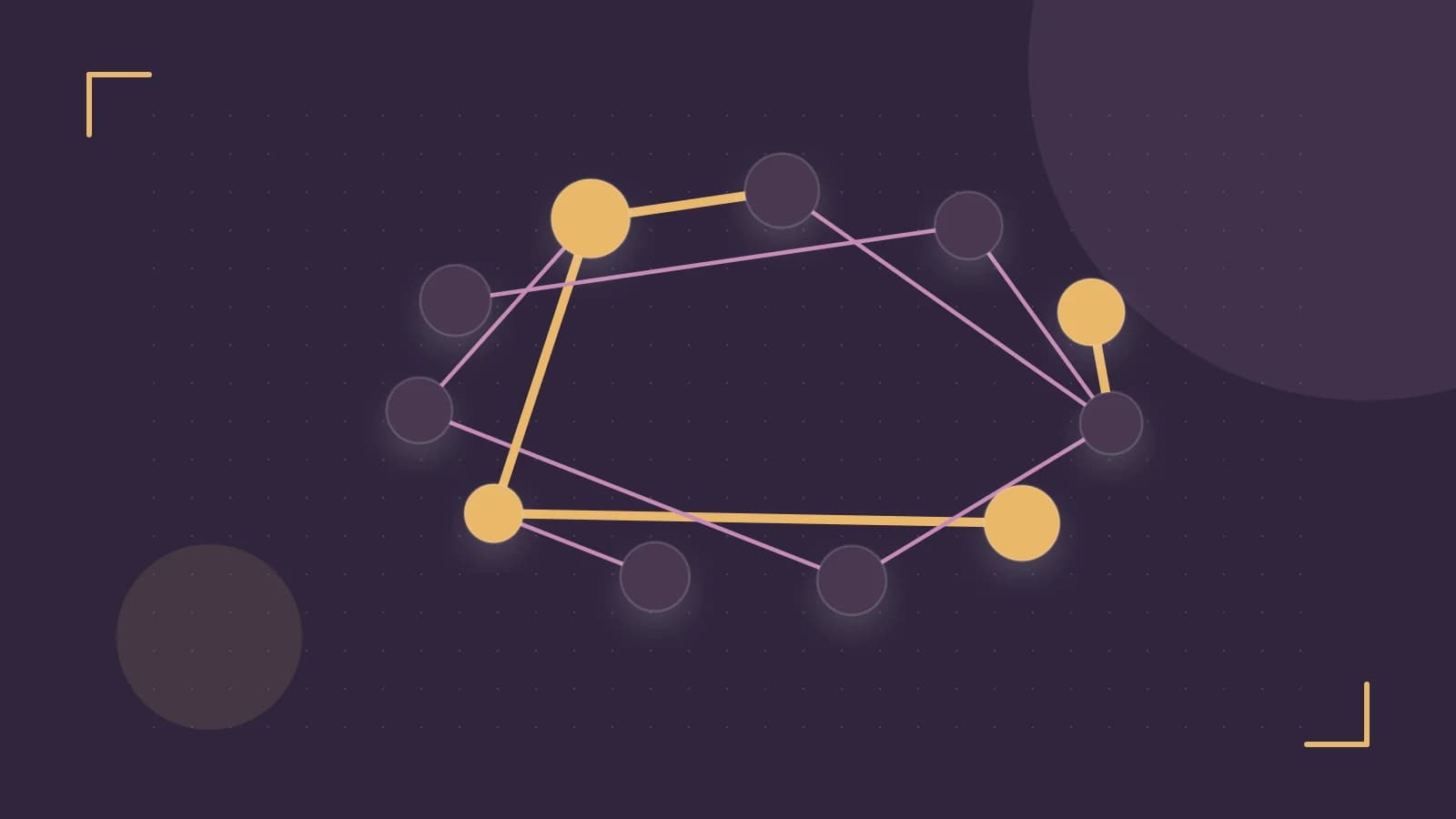 Editorial illustration of an algorithmic node graph with branching paths and a highlighted result