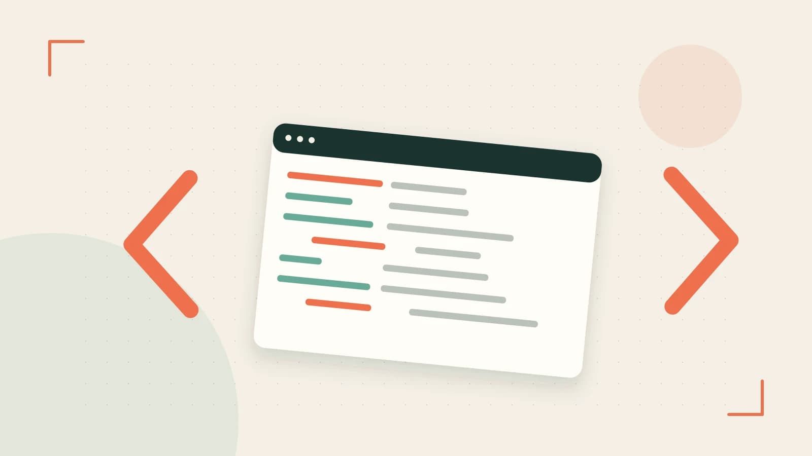 Editorial illustration of an abstract code editor, syntax blocks and oversized programming brackets