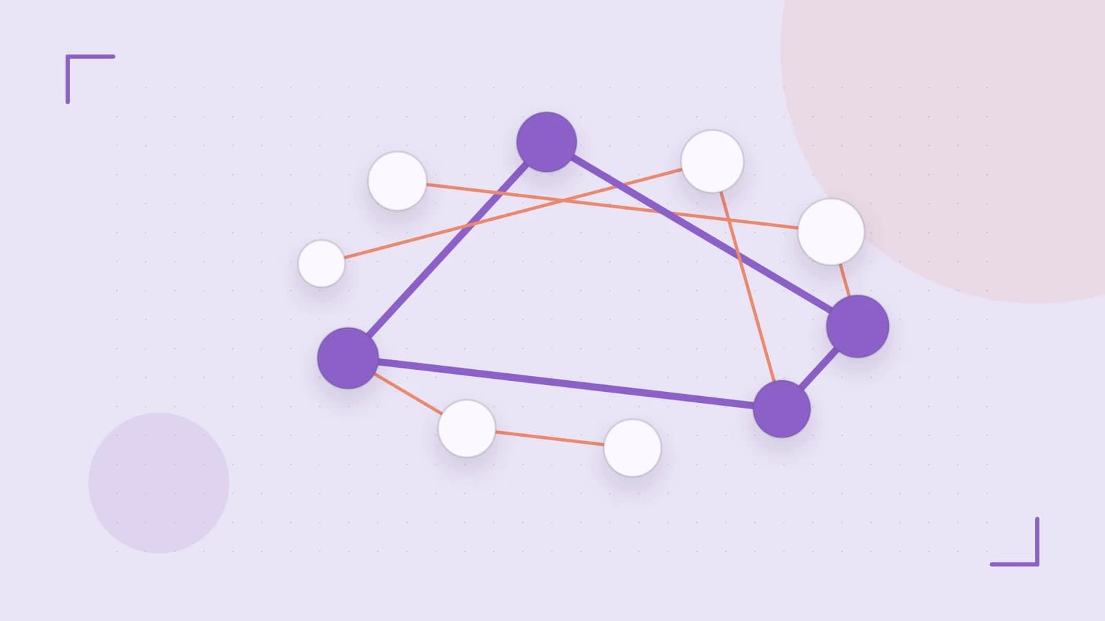 Editorial illustration of an algorithmic node graph with branching paths and a highlighted result