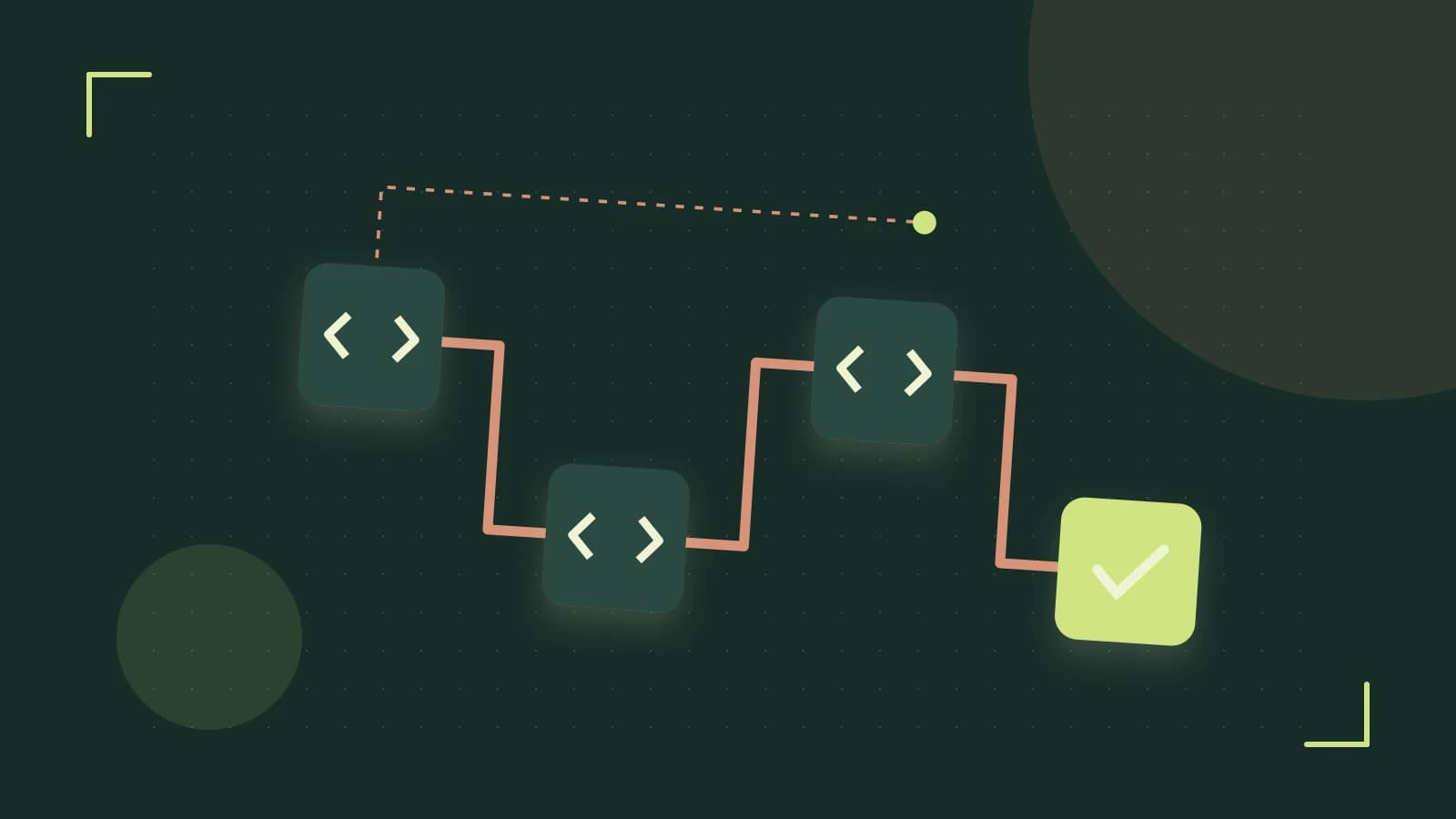 Editorial illustration of a branching build pipeline, staged transformations and a completed check