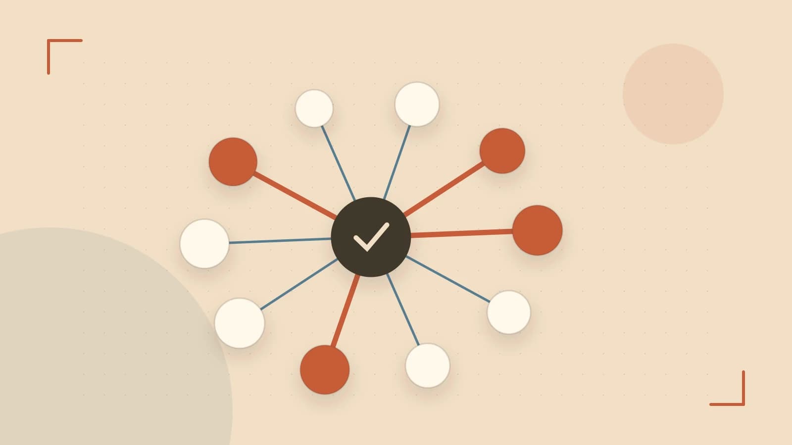 Editorial illustration of an algorithmic node graph with branching paths and a highlighted result