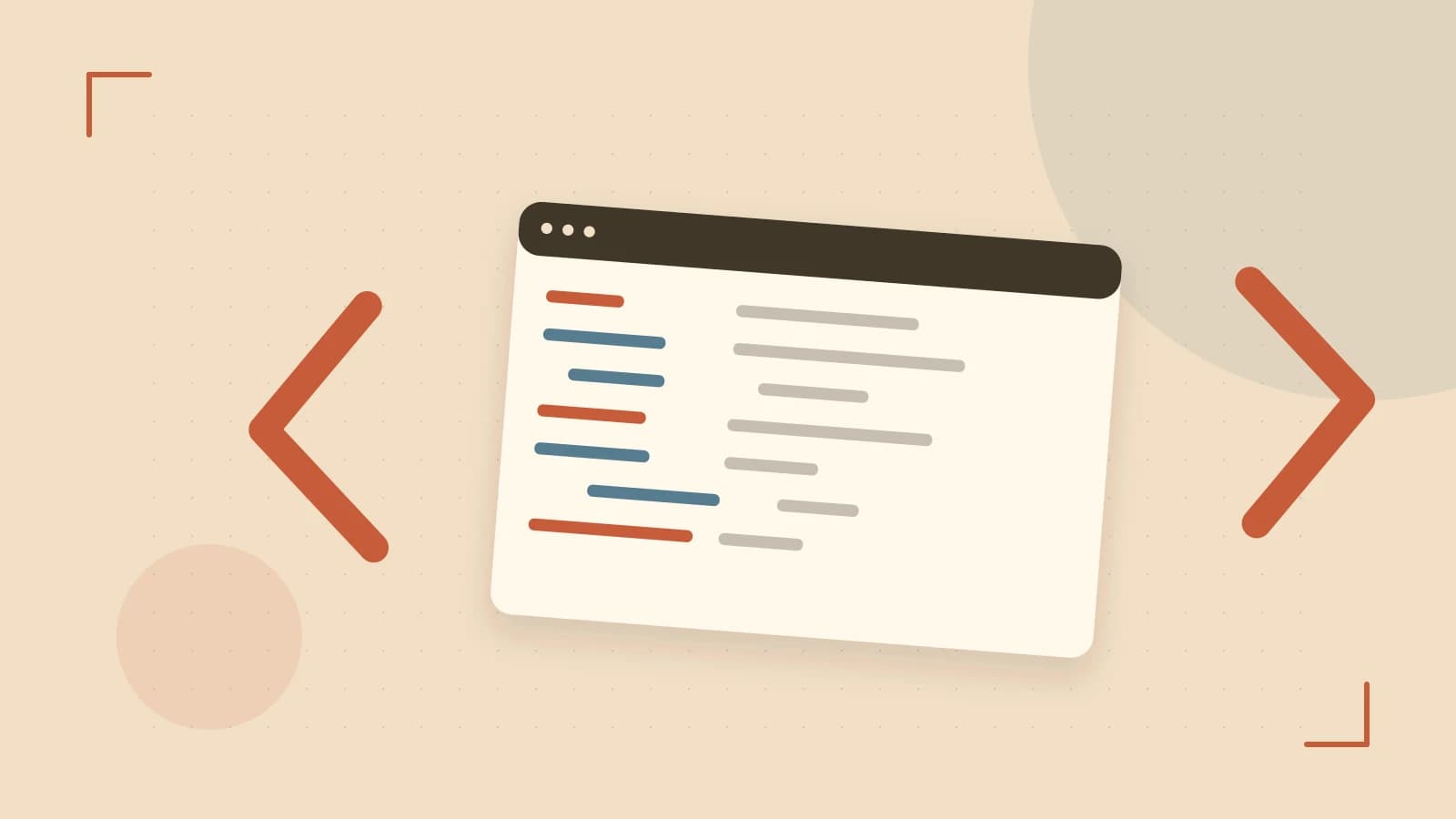 Editorial illustration of an abstract code editor, syntax blocks and oversized programming brackets