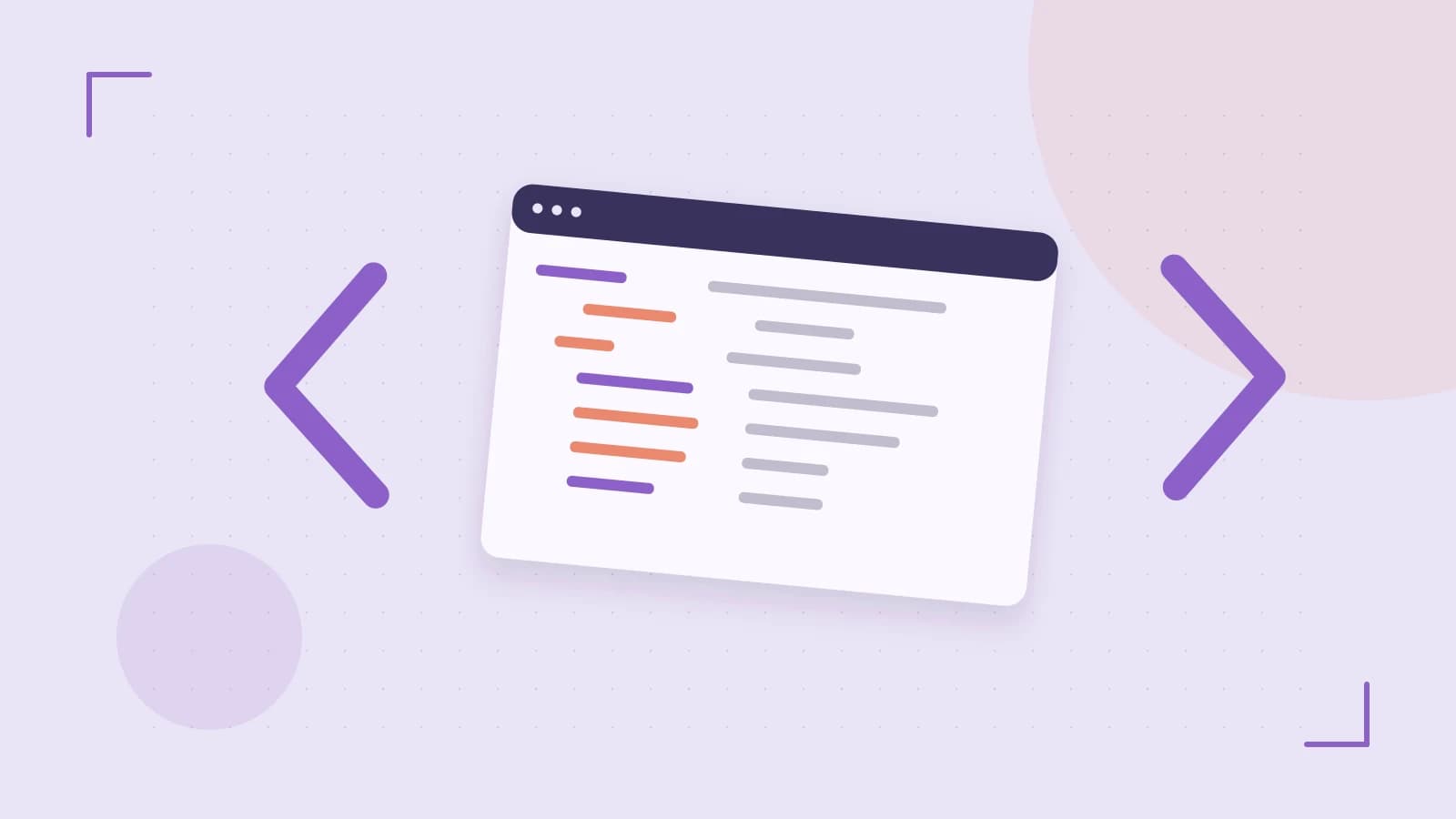 Editorial illustration of an abstract code editor, syntax blocks and oversized programming brackets