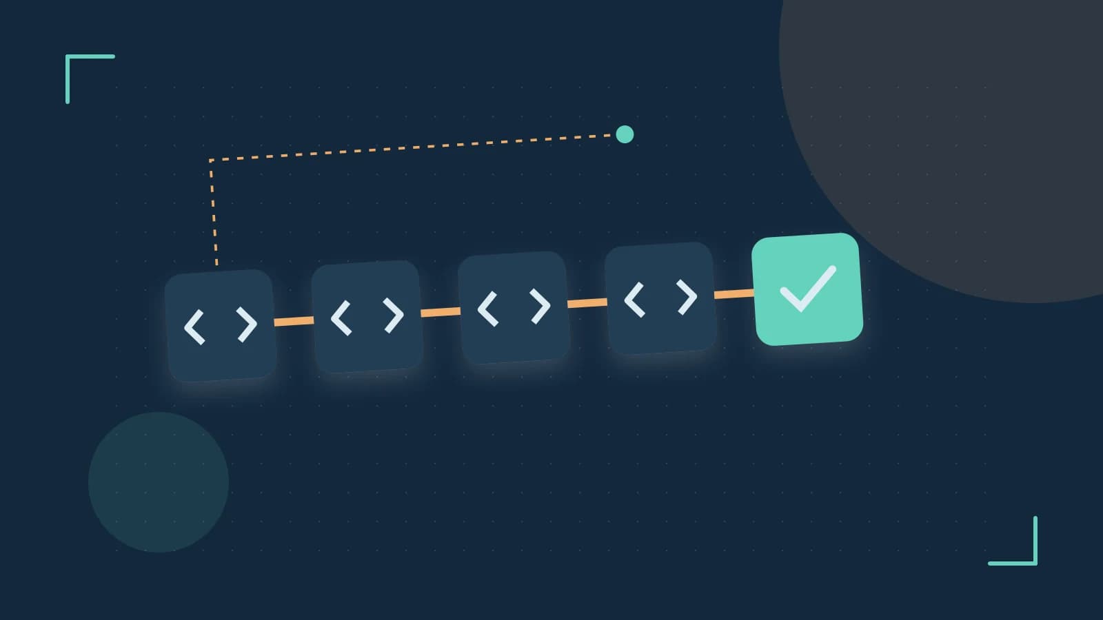 Editorial illustration of a branching build pipeline, staged transformations and a completed check