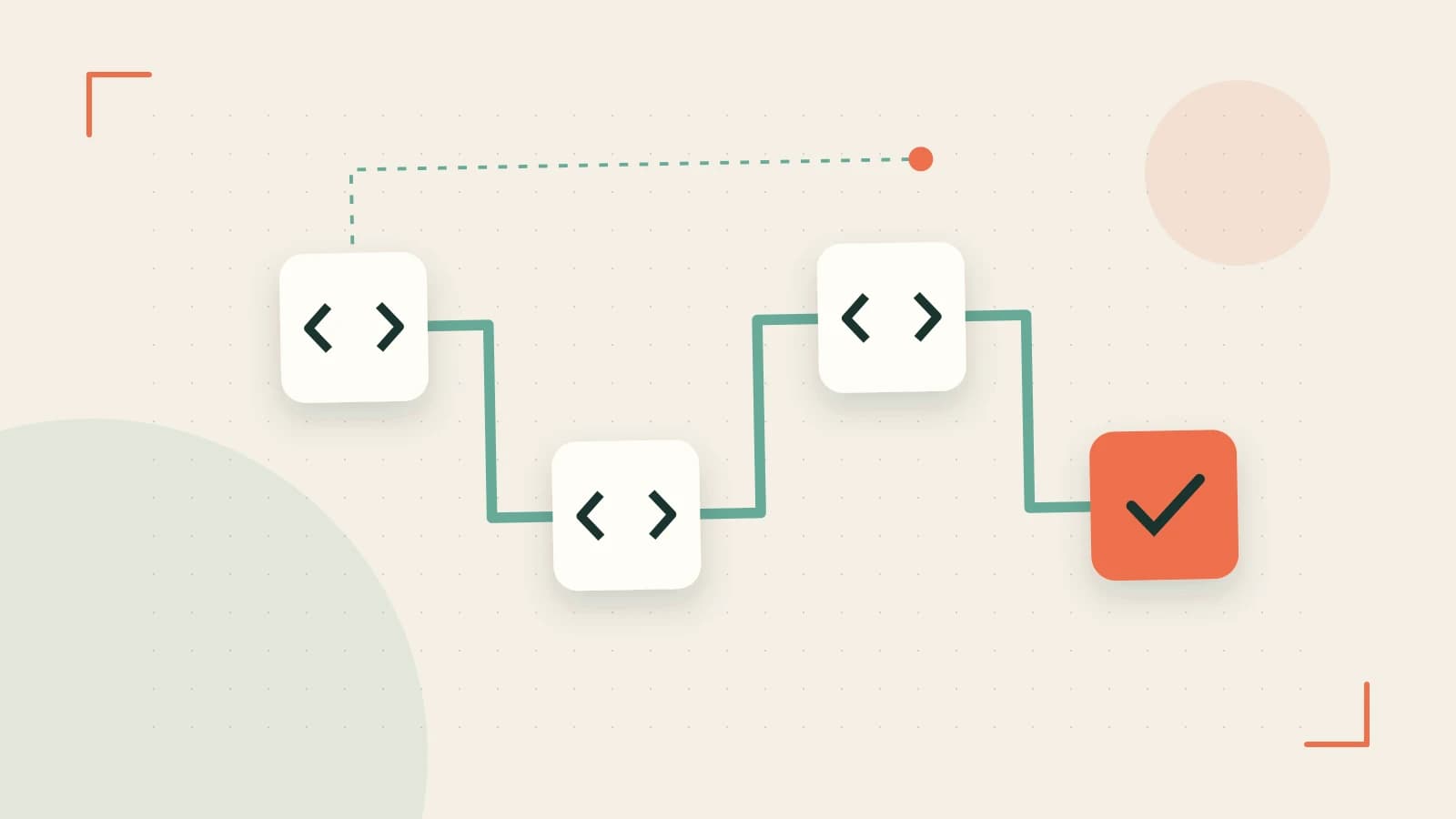 Editorial illustration of a branching build pipeline, staged transformations and a completed check