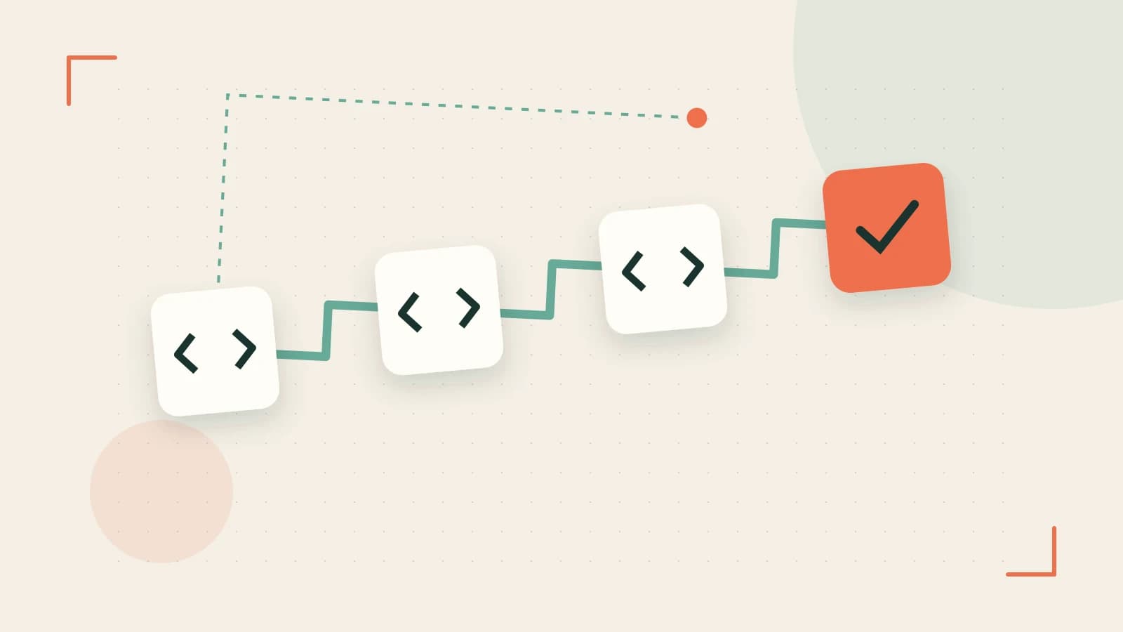 Editorial illustration of a branching build pipeline, staged transformations and a completed check