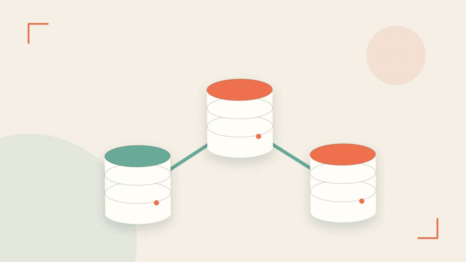 Editorial illustration of structured records, database cylinders and relationships between tables