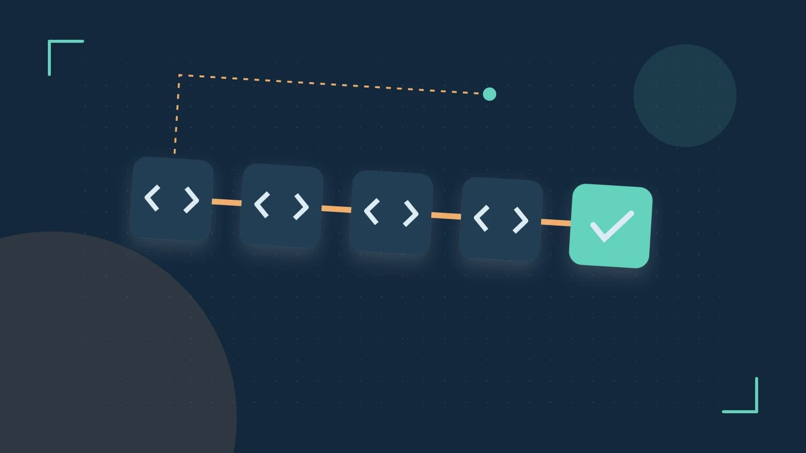 Editorial illustration of a branching build pipeline, staged transformations and a completed check