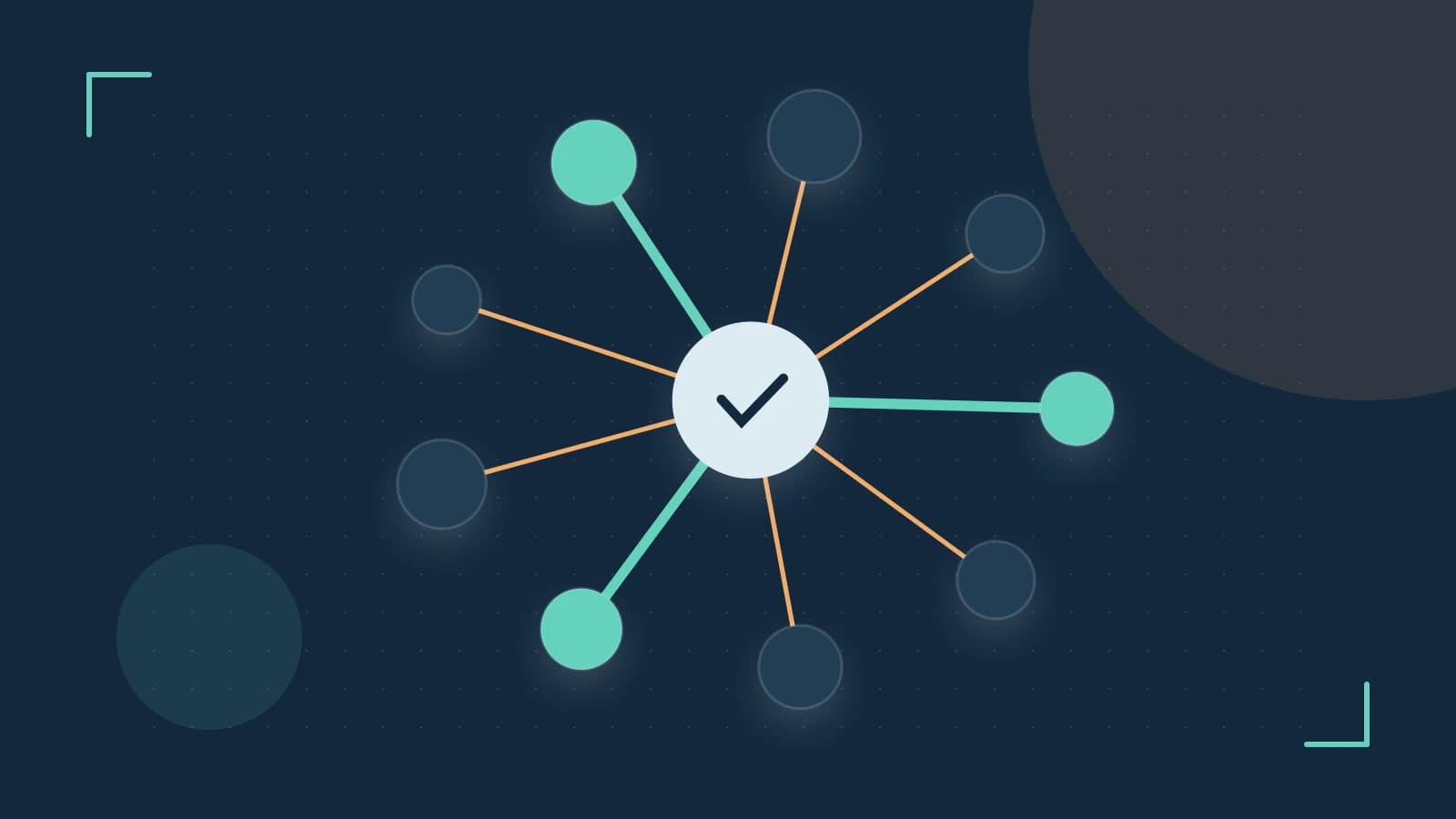 Editorial illustration of an algorithmic node graph with branching paths and a highlighted result