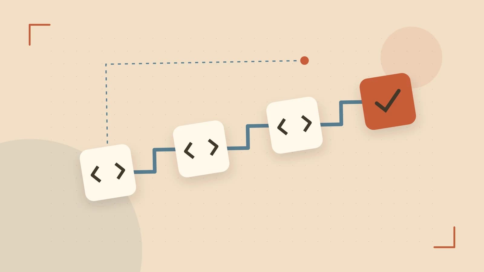 Editorial illustration of a branching build pipeline, staged transformations and a completed check