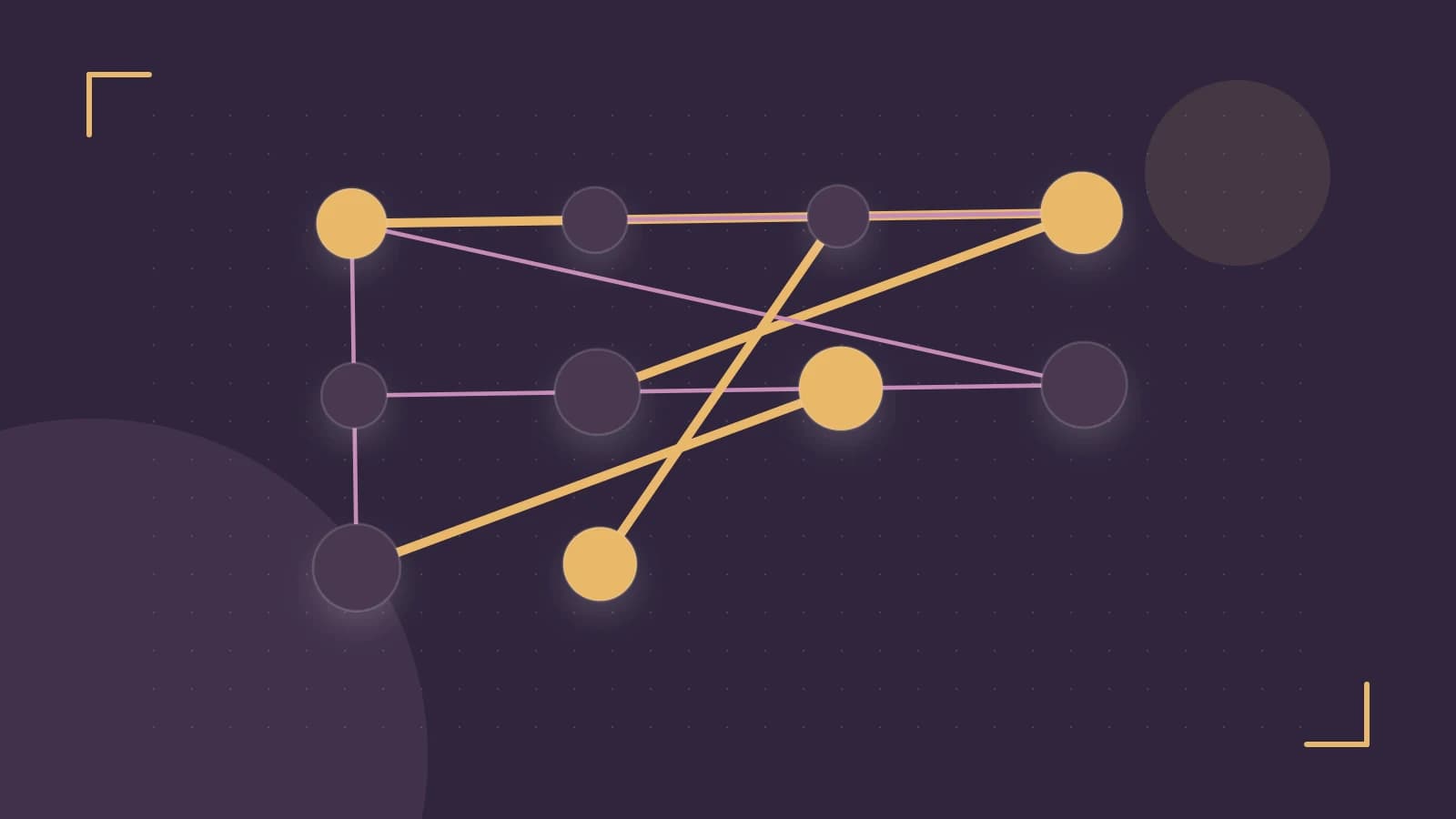 Editorial illustration of an algorithmic node graph with branching paths and a highlighted result