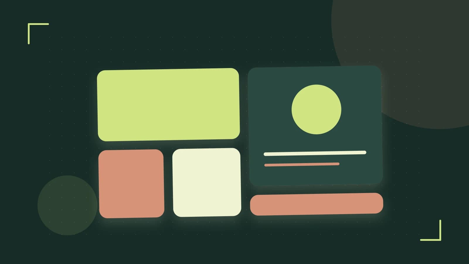 Editorial illustration of responsive browser layouts, overlapping design components and a color system