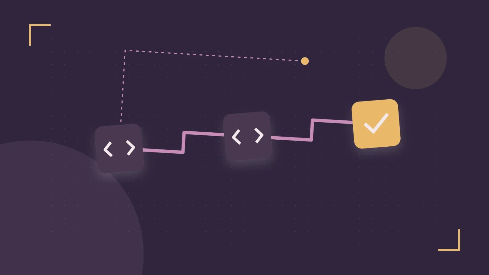 Editorial illustration of a branching build pipeline, staged transformations and a completed check
