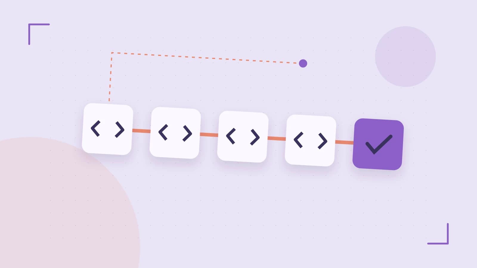 Editorial illustration of a branching build pipeline, staged transformations and a completed check