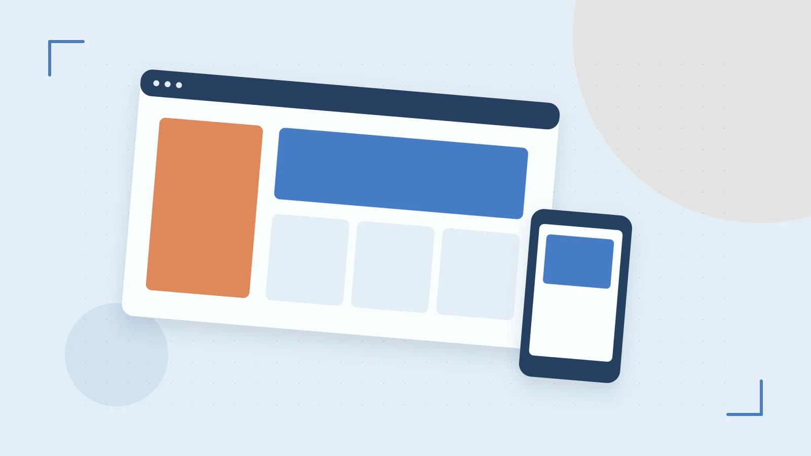 Editorial illustration of responsive browser layouts, overlapping design components and a color system