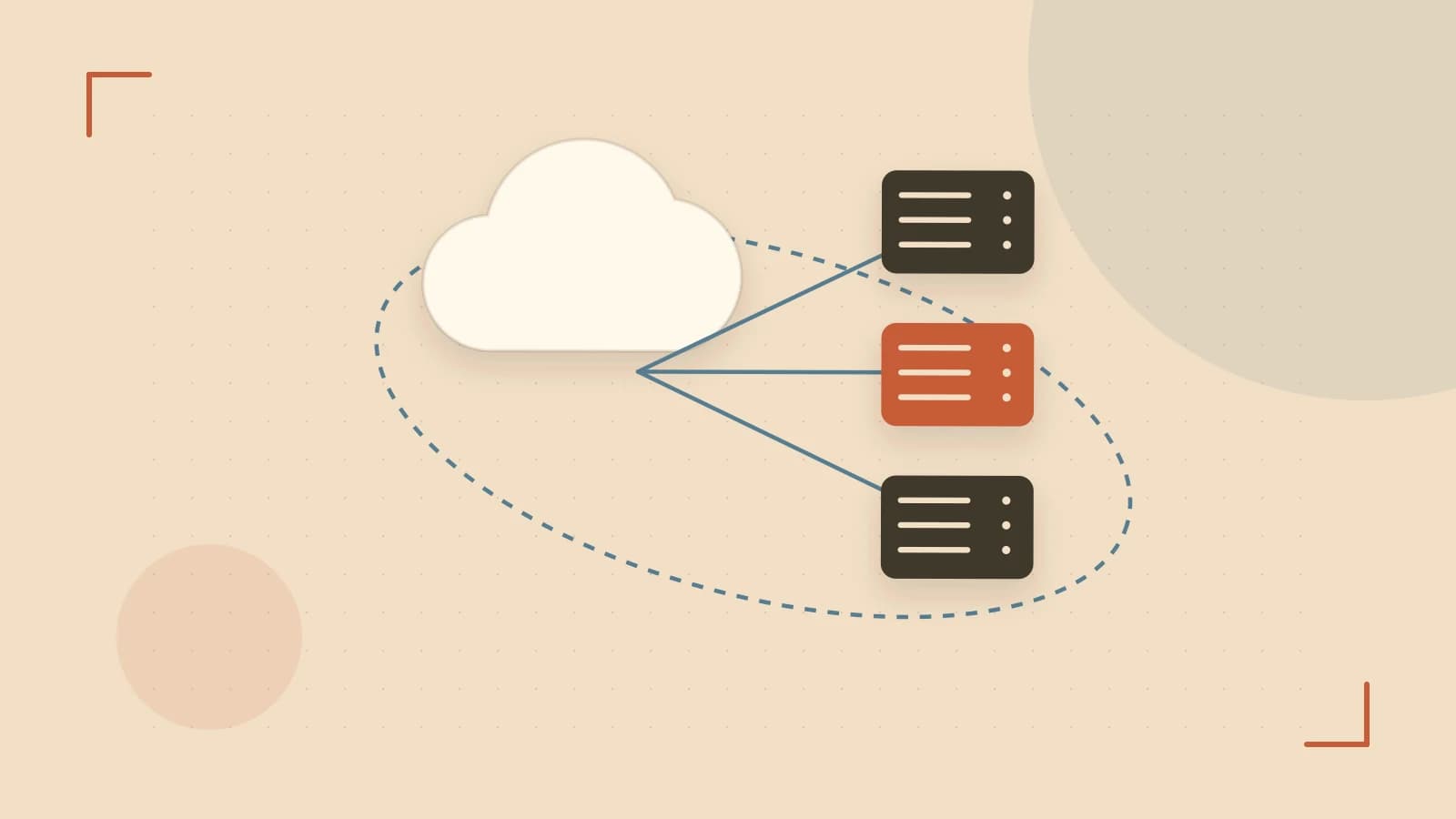 Editorial illustration of cloud infrastructure, connected server racks and an orbital service map