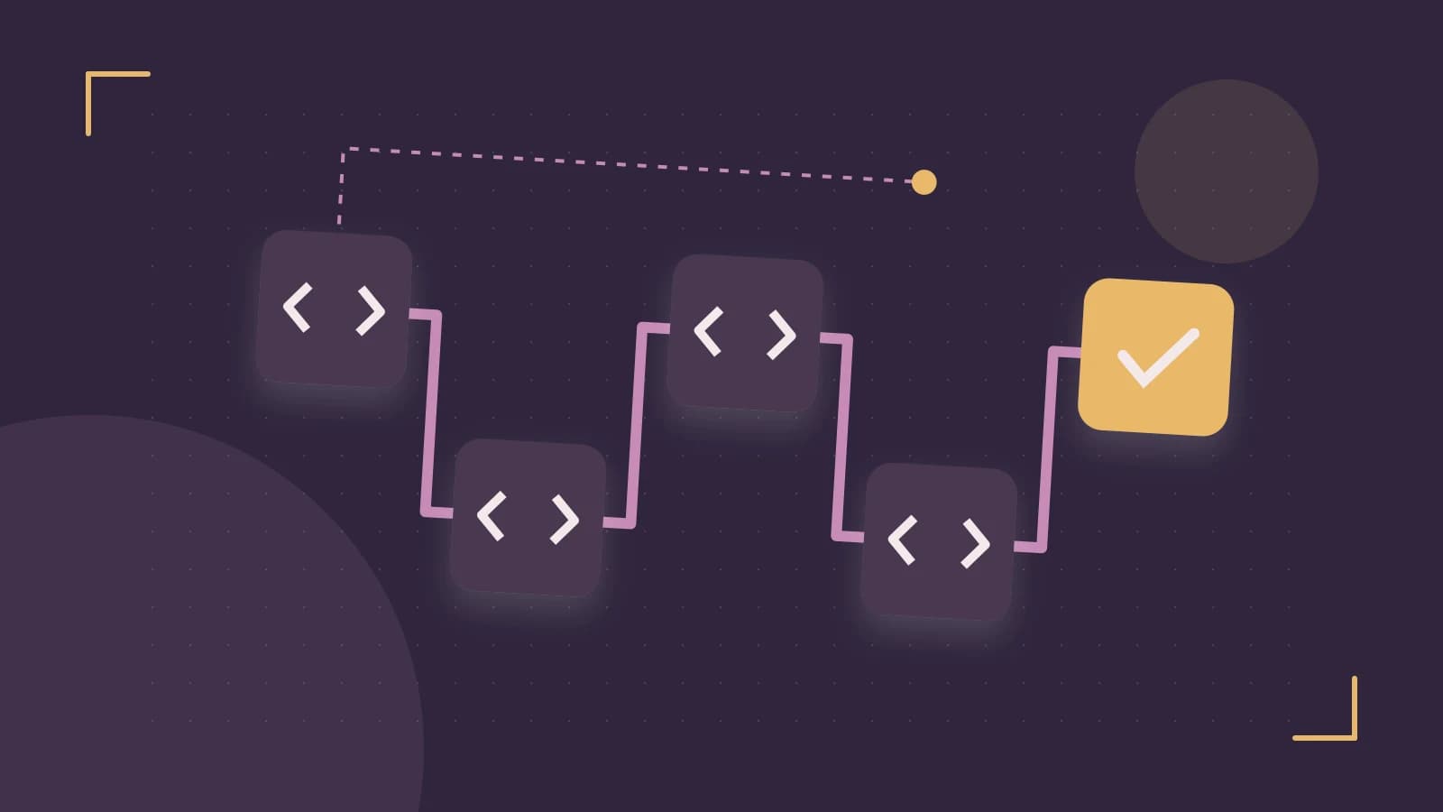 Editorial illustration of a branching build pipeline, staged transformations and a completed check