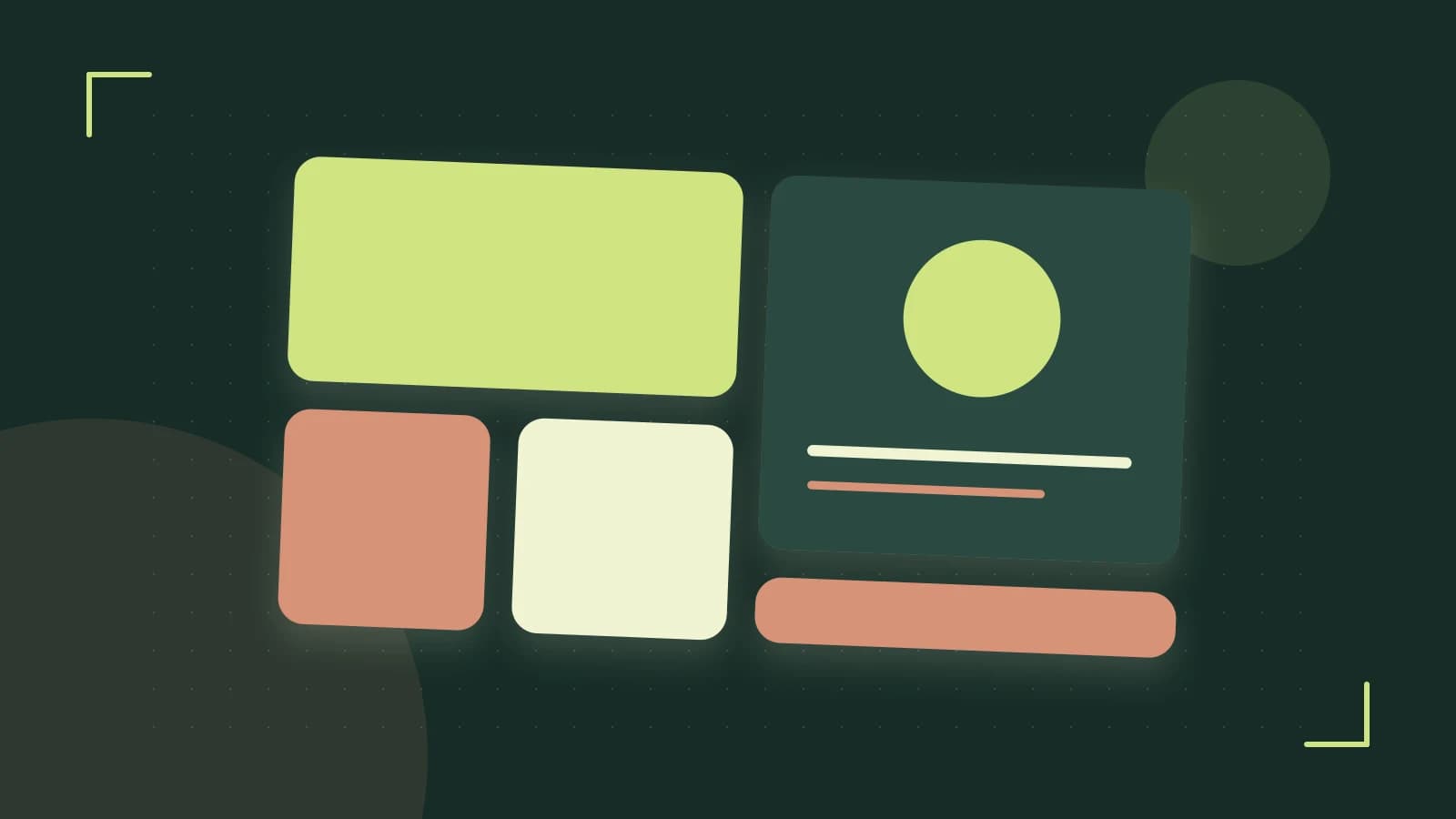 Editorial illustration of responsive browser layouts, overlapping design components and a color system