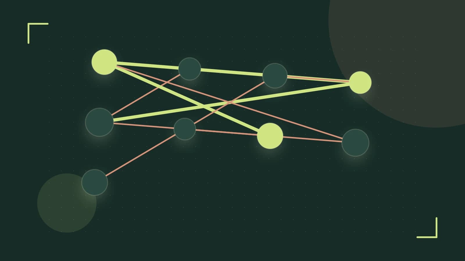 Editorial illustration of an algorithmic node graph with branching paths and a highlighted result