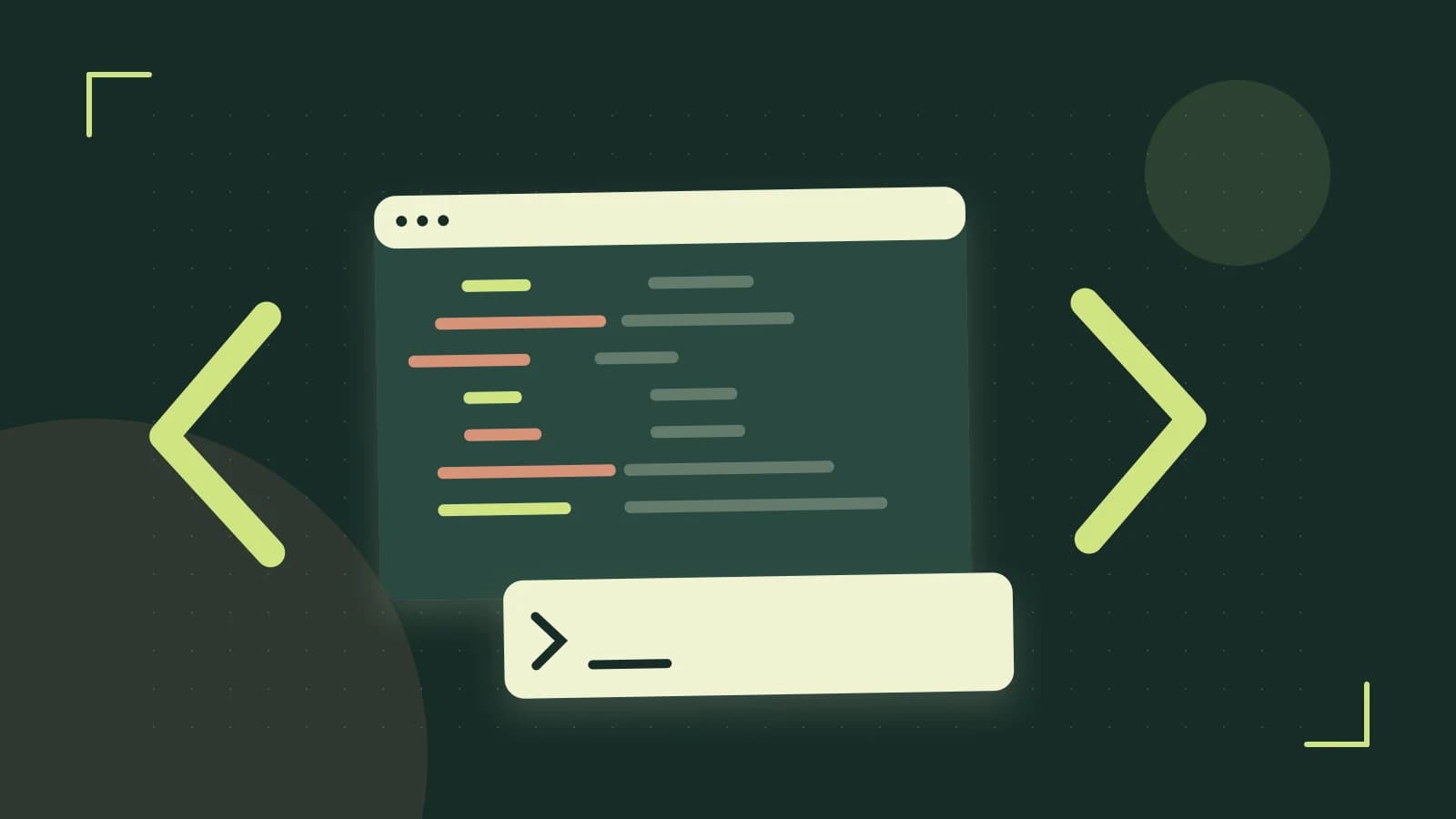 Editorial illustration of an abstract code editor, syntax blocks and oversized programming brackets