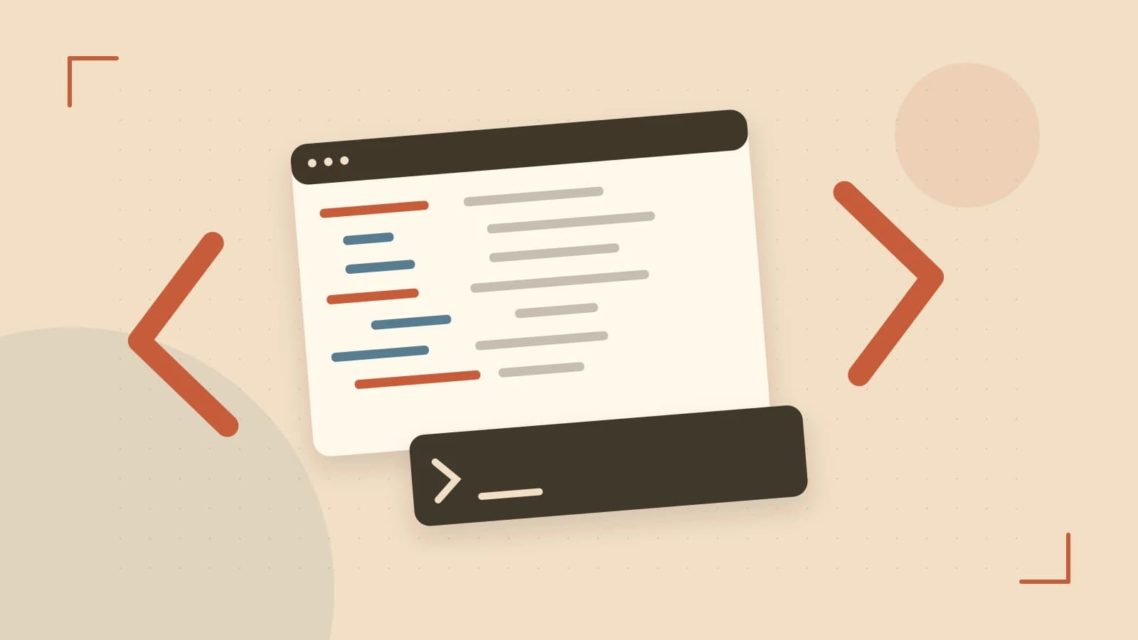Editorial illustration of an abstract code editor, syntax blocks and oversized programming brackets