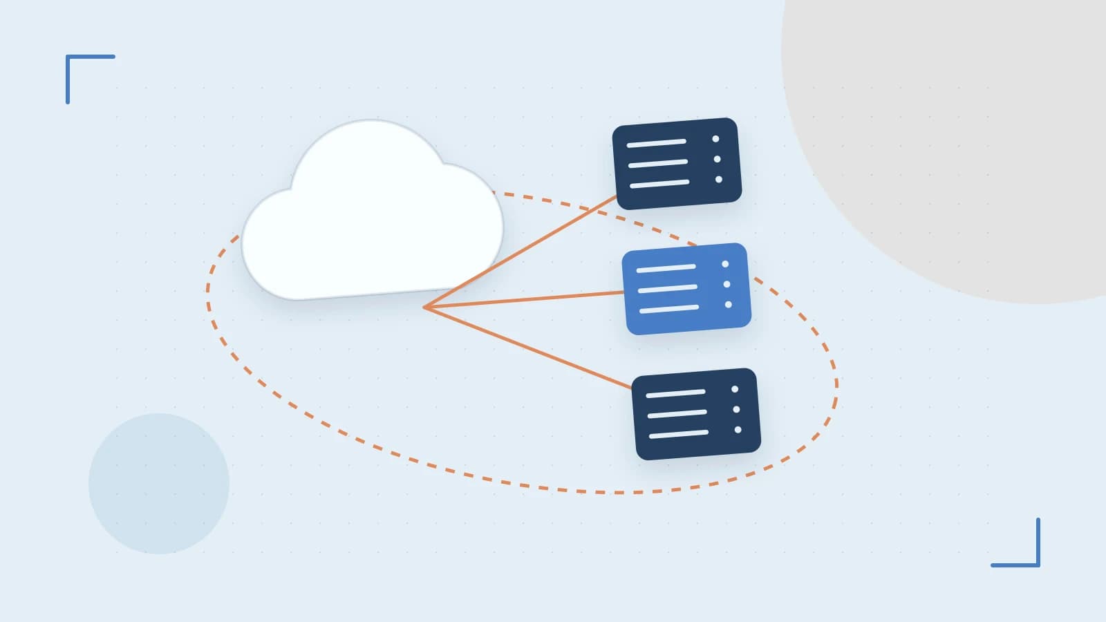 Editorial illustration of cloud infrastructure, connected server racks and an orbital service map