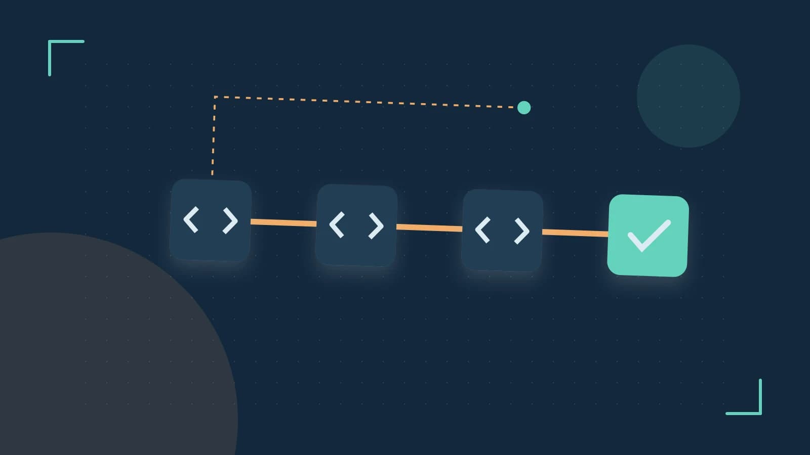 Editorial illustration of a branching build pipeline, staged transformations and a completed check