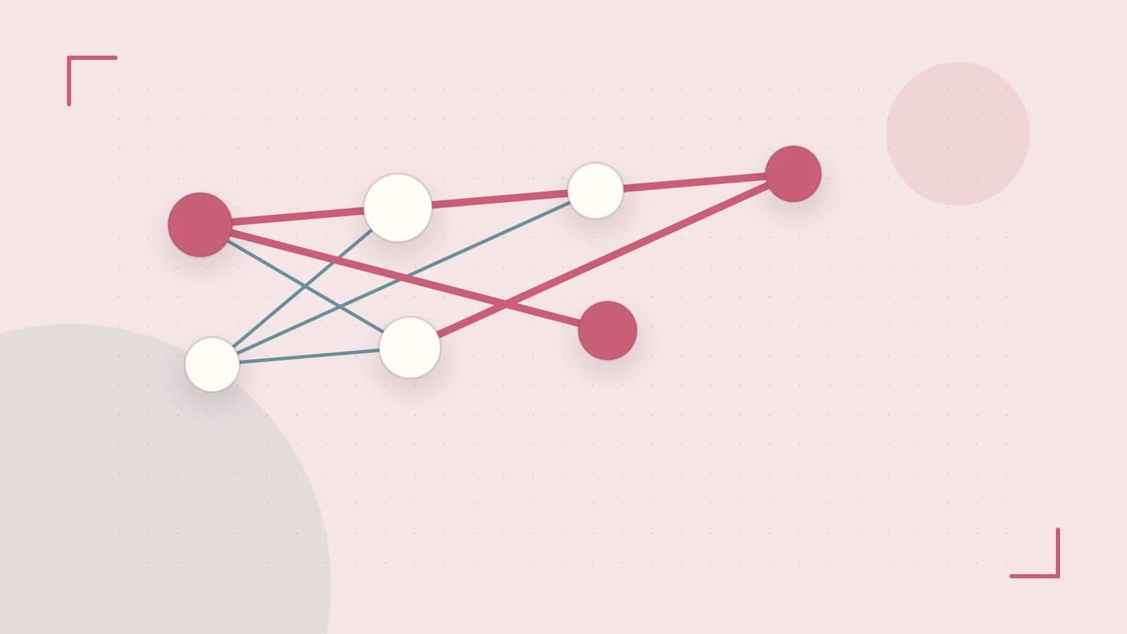 Editorial illustration of an algorithmic node graph with branching paths and a highlighted result