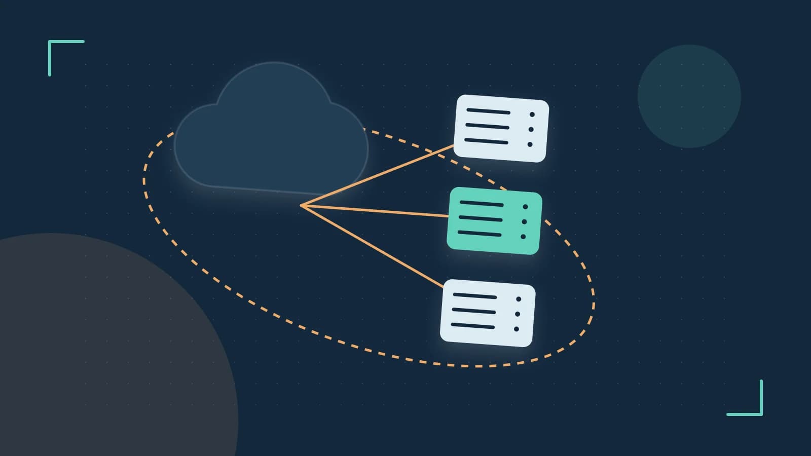 Editorial illustration of cloud infrastructure, connected server racks and an orbital service map