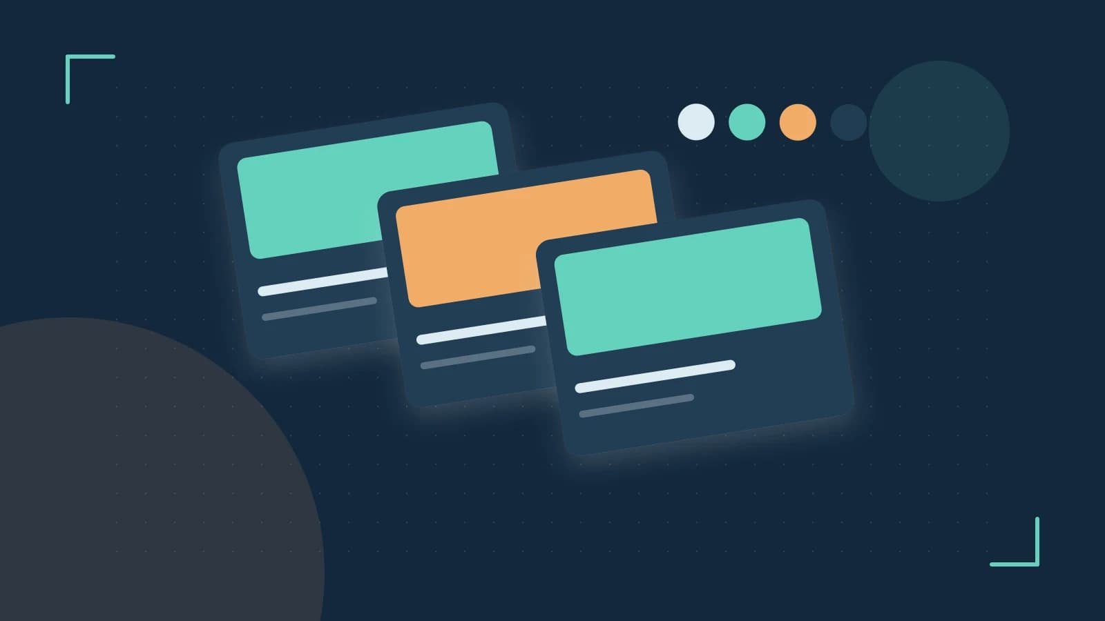 Editorial illustration of responsive browser layouts, overlapping design components and a color system