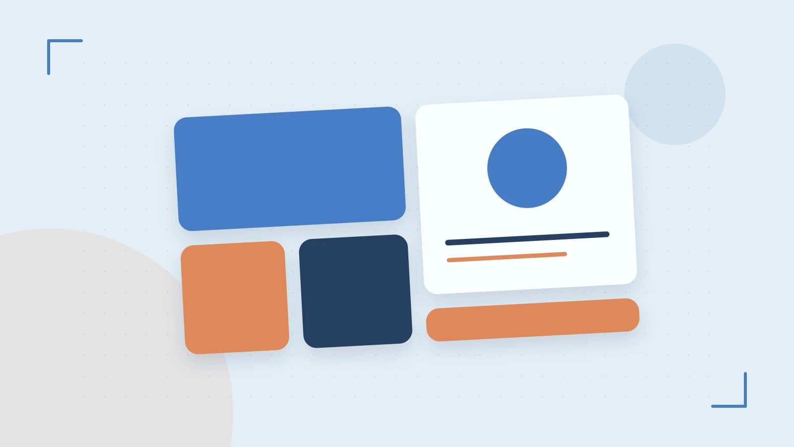Editorial illustration of responsive browser layouts, overlapping design components and a color system