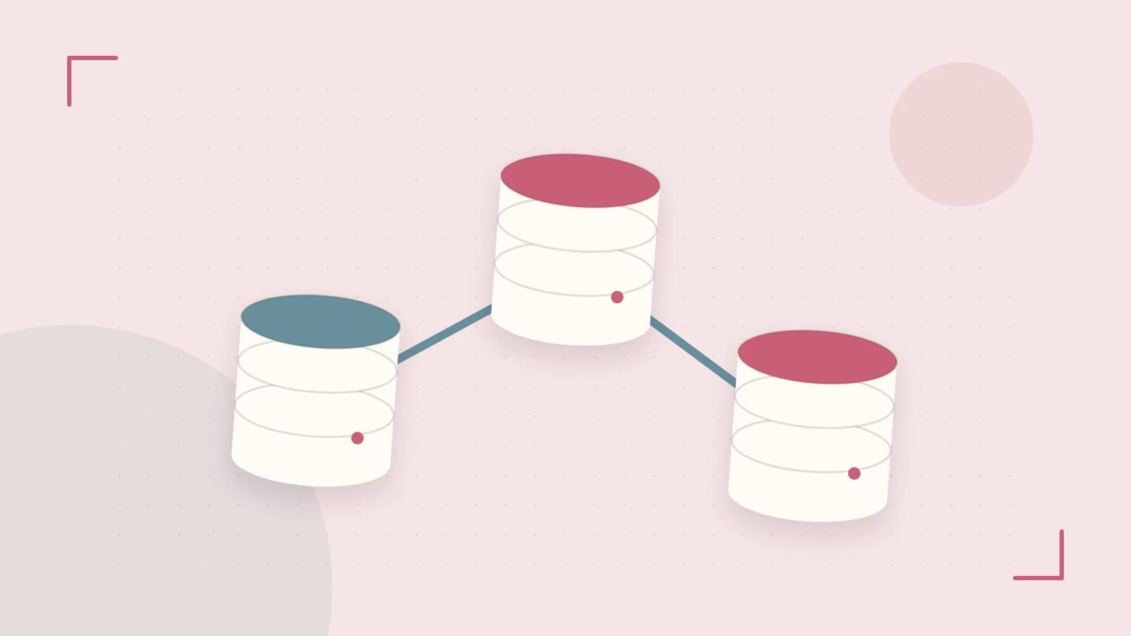 Editorial illustration of structured records, database cylinders and relationships between tables