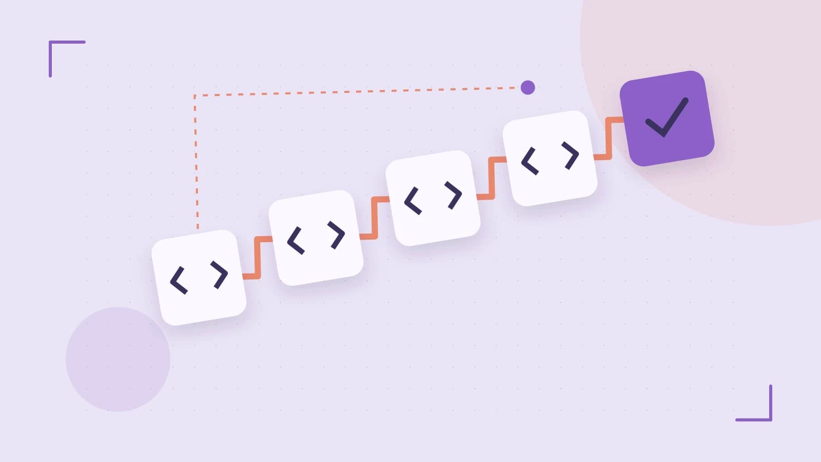 Editorial illustration of a branching build pipeline, staged transformations and a completed check