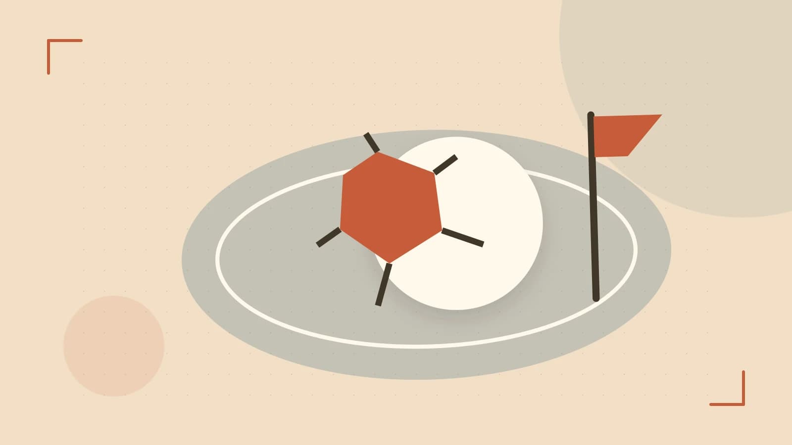 Editorial illustration of a stylized sports ball, stadium geometry and dynamic arcs