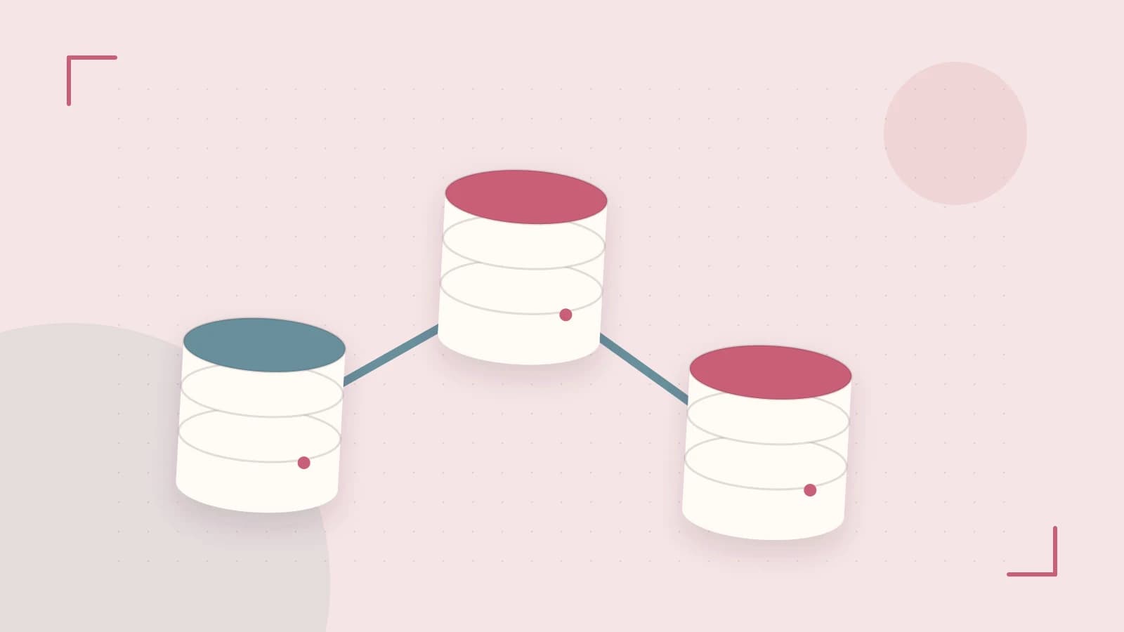 Editorial illustration of structured records, database cylinders and relationships between tables
