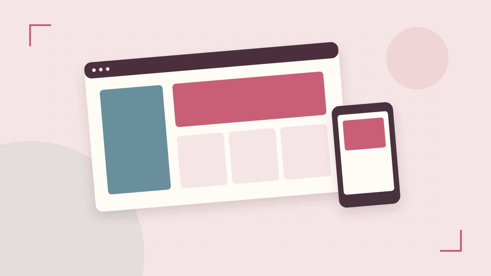Editorial illustration of responsive browser layouts, overlapping design components and a color system
