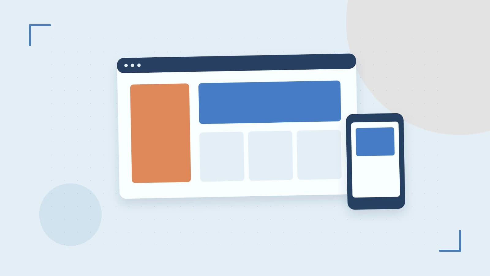 Editorial illustration of responsive browser layouts, overlapping design components and a color system
