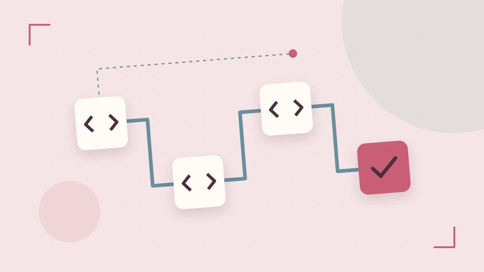 Editorial illustration of a branching build pipeline, staged transformations and a completed check