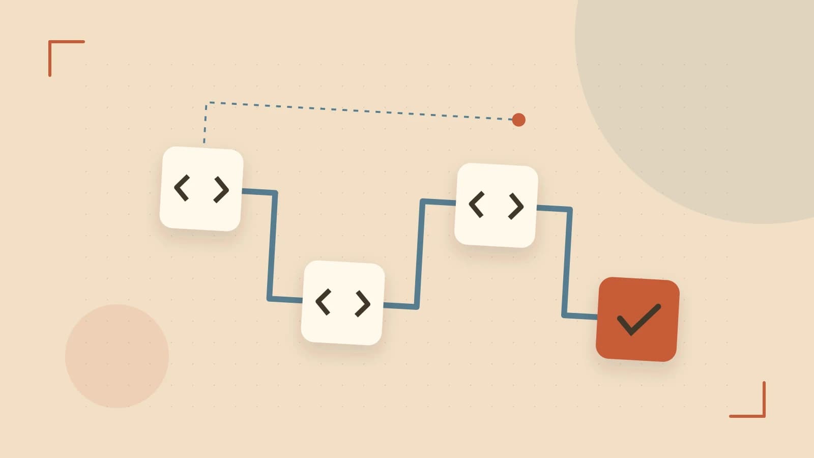 Editorial illustration of a branching build pipeline, staged transformations and a completed check