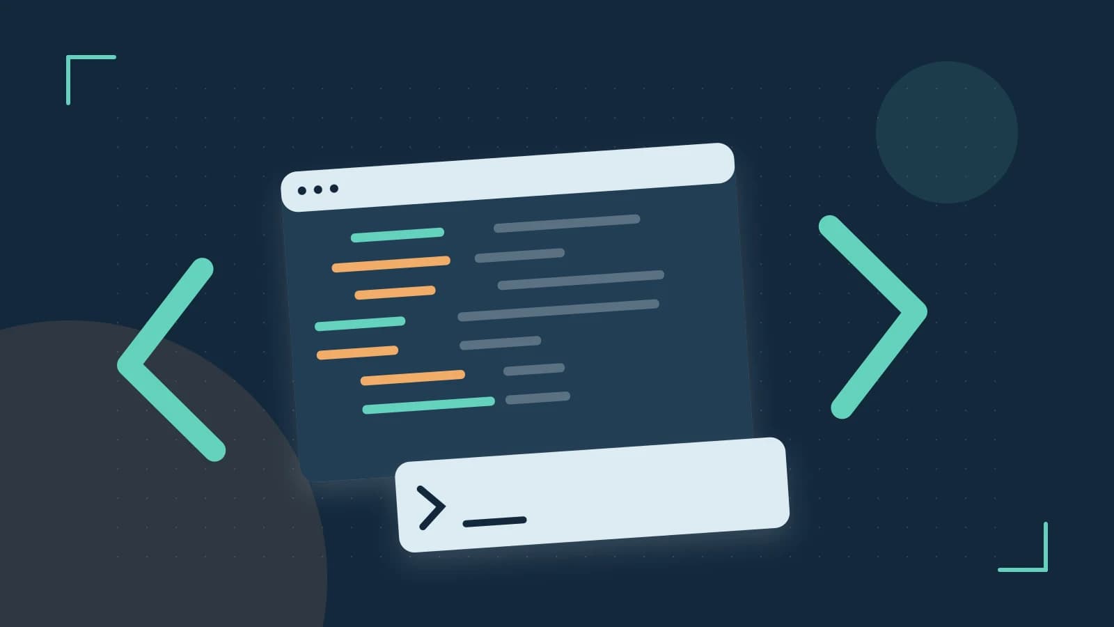 Editorial illustration of an abstract code editor, syntax blocks and oversized programming brackets