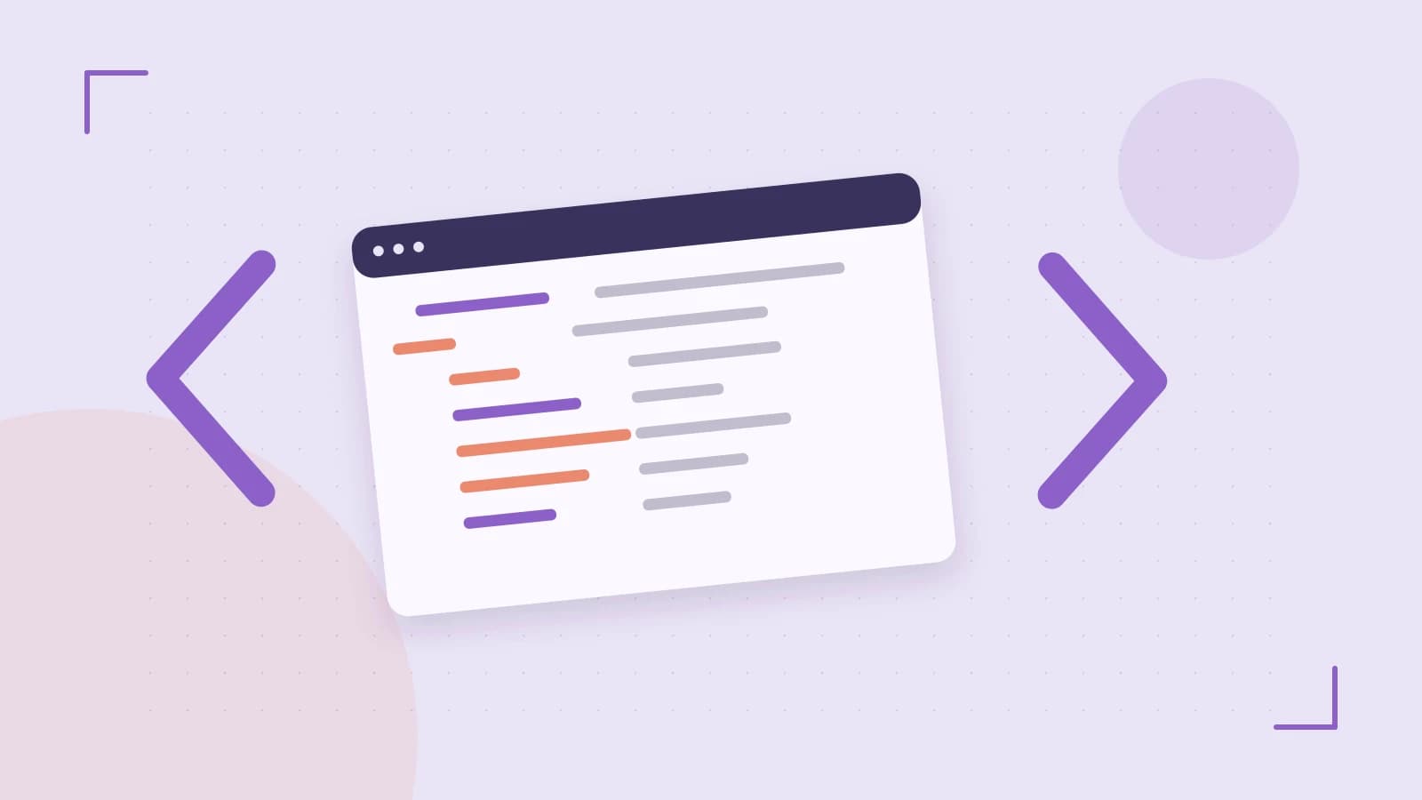 Editorial illustration of an abstract code editor, syntax blocks and oversized programming brackets