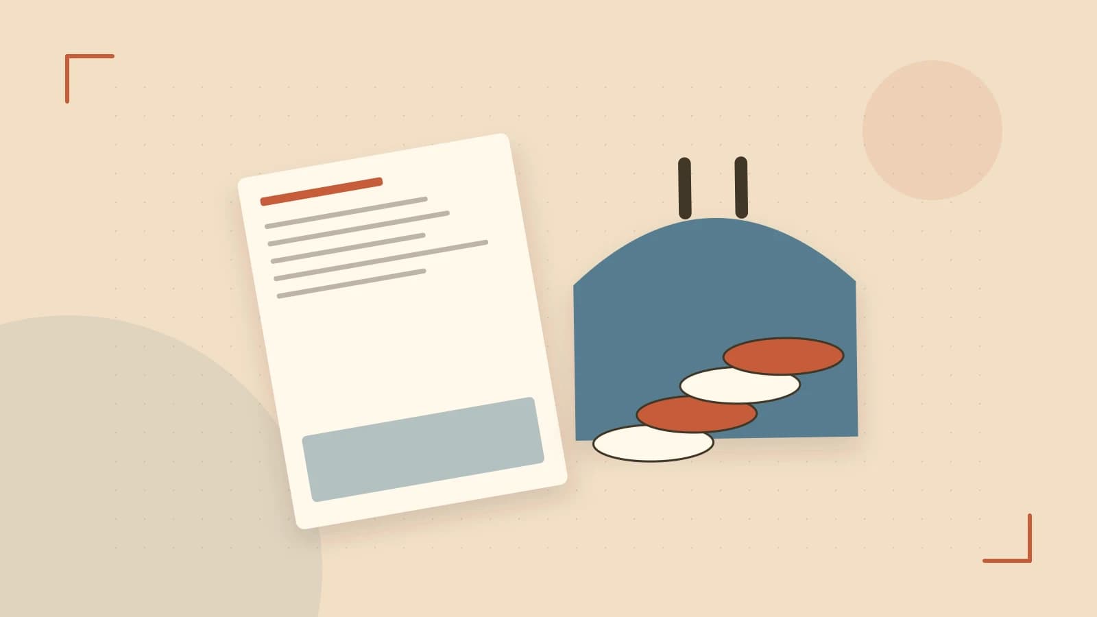 Editorial illustration of abstract coins, a payment card and a geometric financial chart without data labels