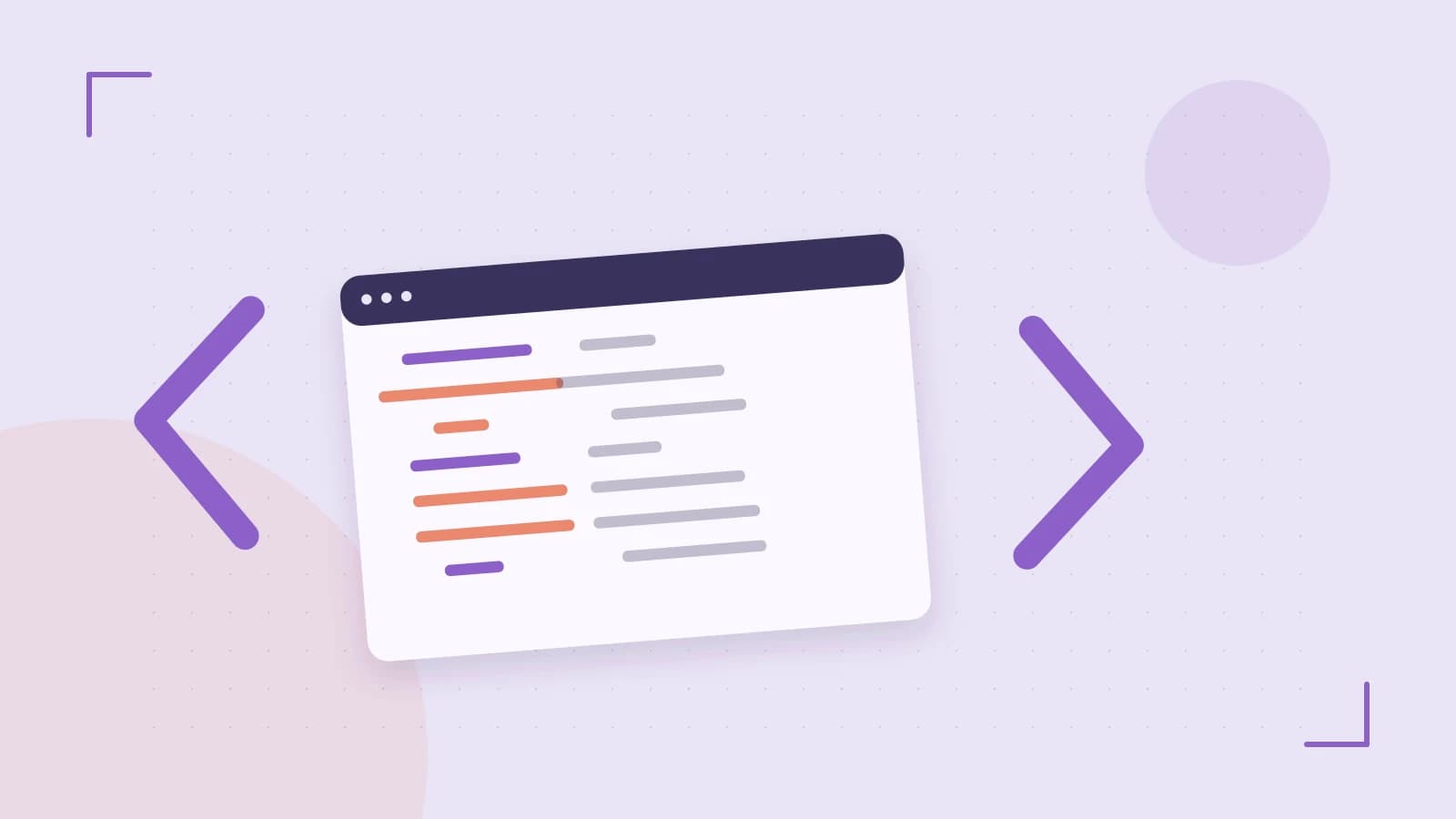 Editorial illustration of an abstract code editor, syntax blocks and oversized programming brackets